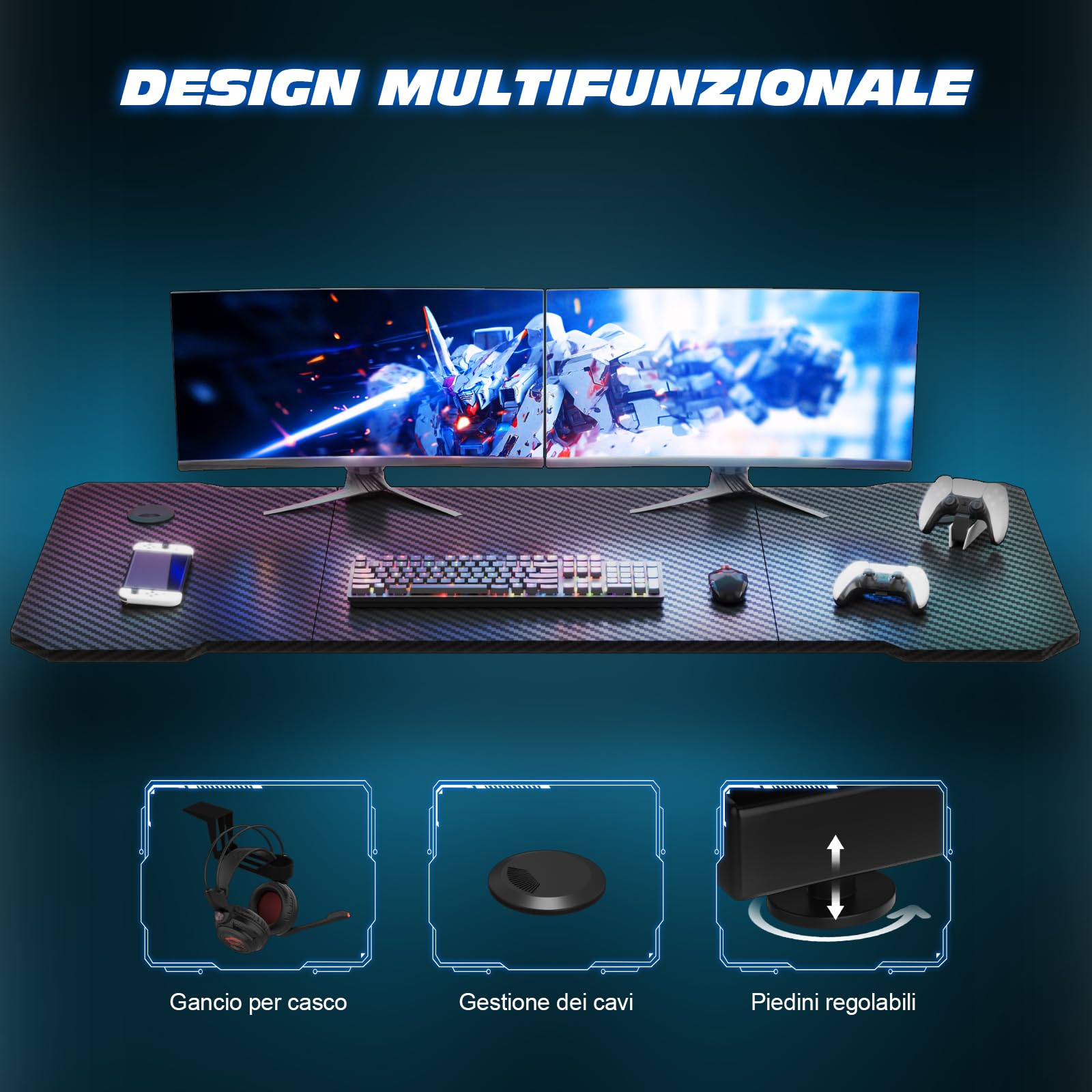 TRIUMPHKEY 120x60cm Scrivania Gaming/Tavolo Gaming - Piano in Carbonio Senza LED, Gambe a Z Ultra Resistente (100kg), con Gancio Cuffie, Design Moderno