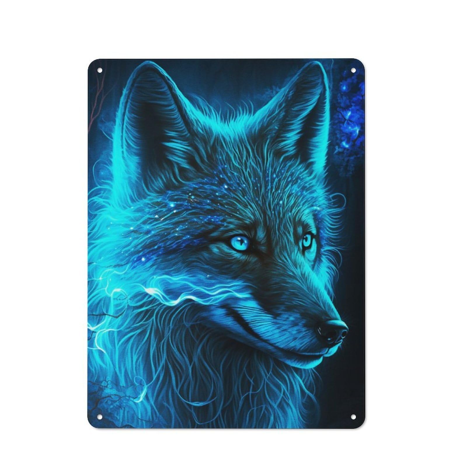 Junmoney Blue Wolf Mystical Aura Rustic Metal Sign 40X30cm For Hallway Wall, For Collectors Of Rustic Metal Wall Decor