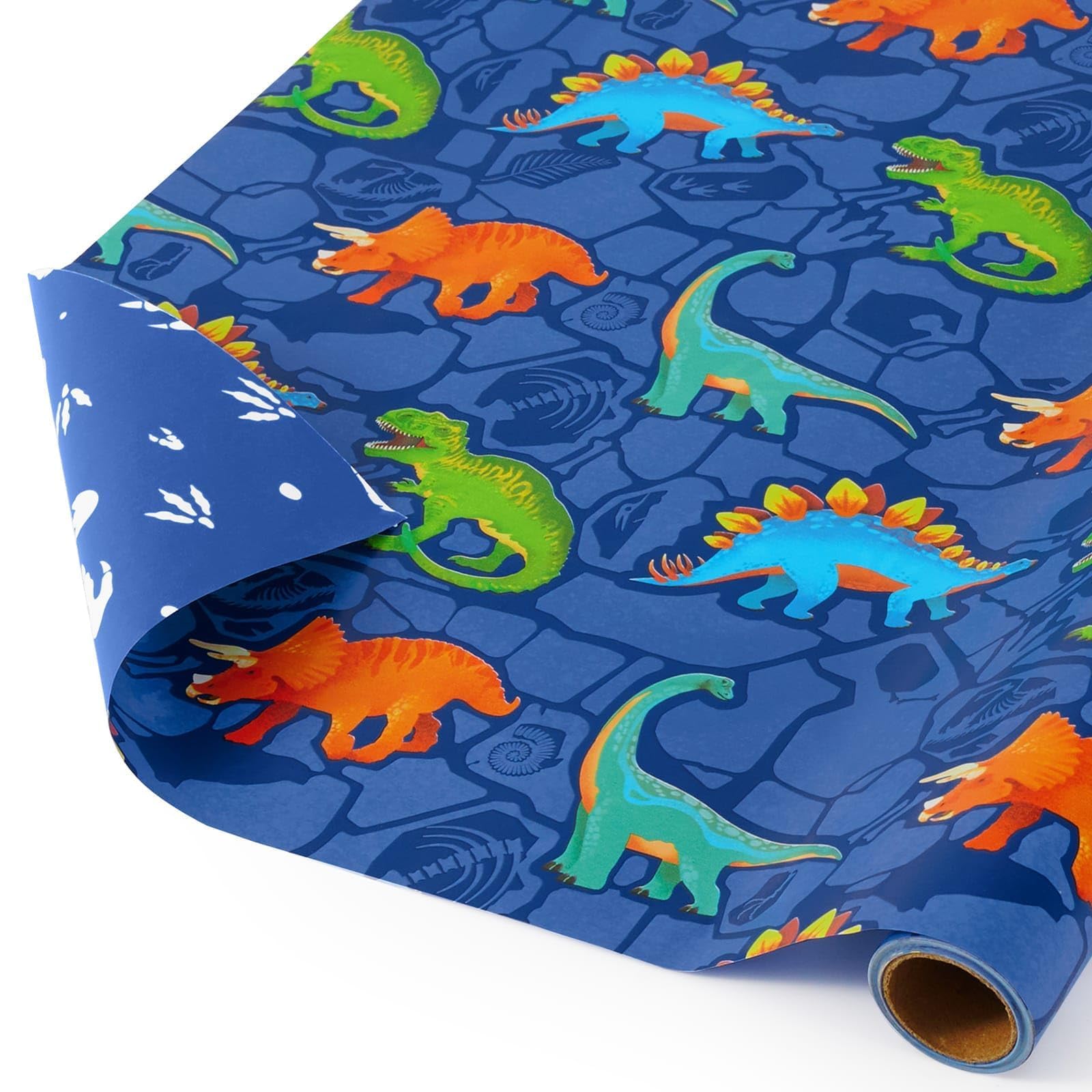 WERNNSAI Dinosaur Wrapping Paper - 1 Roll Mini Dinosaur Wrapping Paper Navy Blue Boys Birthday Wrap Paper for Kids Birthday Present Packing Decoration Reversible Design Dino Wrap Paper 43 cm X 3 m — image 1