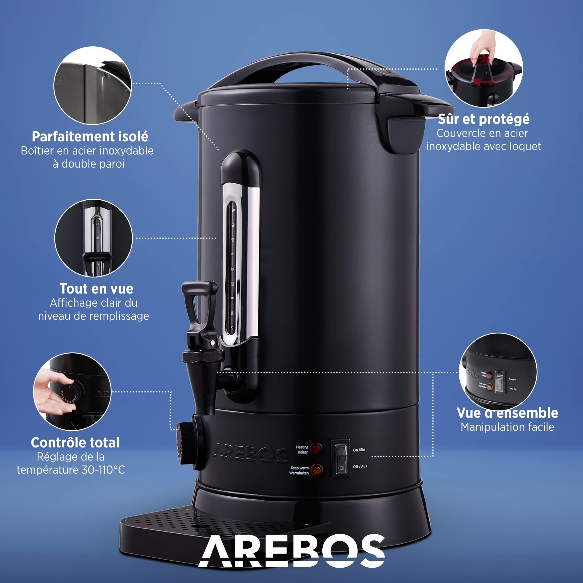 Arebos Distributeur de Boisson Chaudes 1650W | Chaudière à eau 20L 90 Tasses | Marmite à Vin Chaud en Inox | Thé Café Soupe Dispositif de réchauffement |Thermostat | Réglage de la température 30-110°C