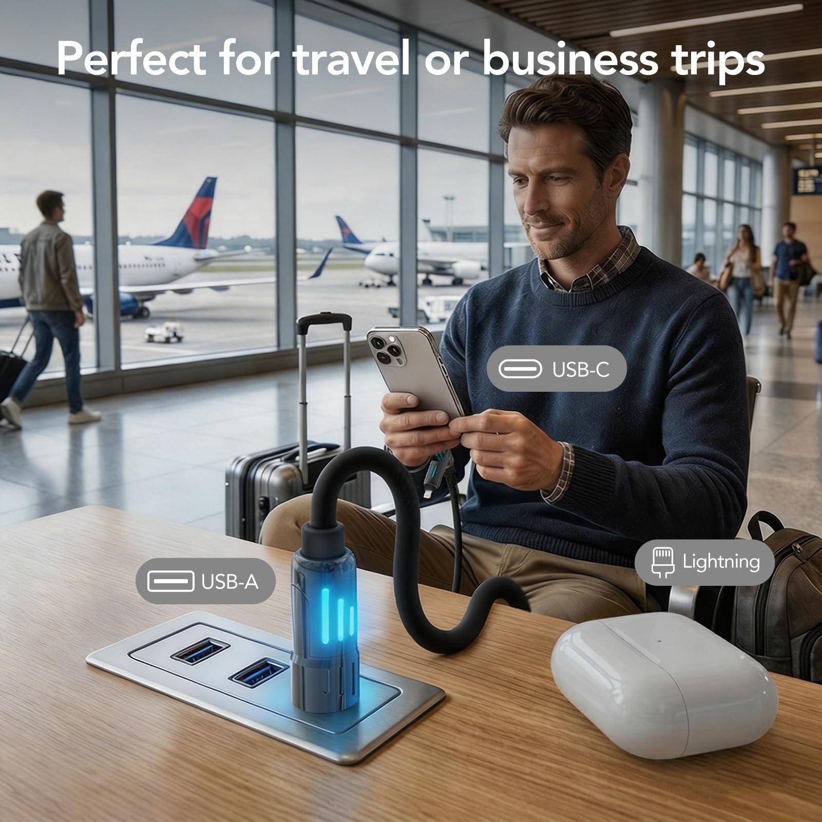 MFish Cavo di ricarica USB 4 in 1 con custodia per il trasporto, cavo di ricarica rapido da 240 W, USB-A e doppio USB-C a USB-C/Lightning, per iPhone 17/16/15/14, iPad, MacBook e altro (nero opaco