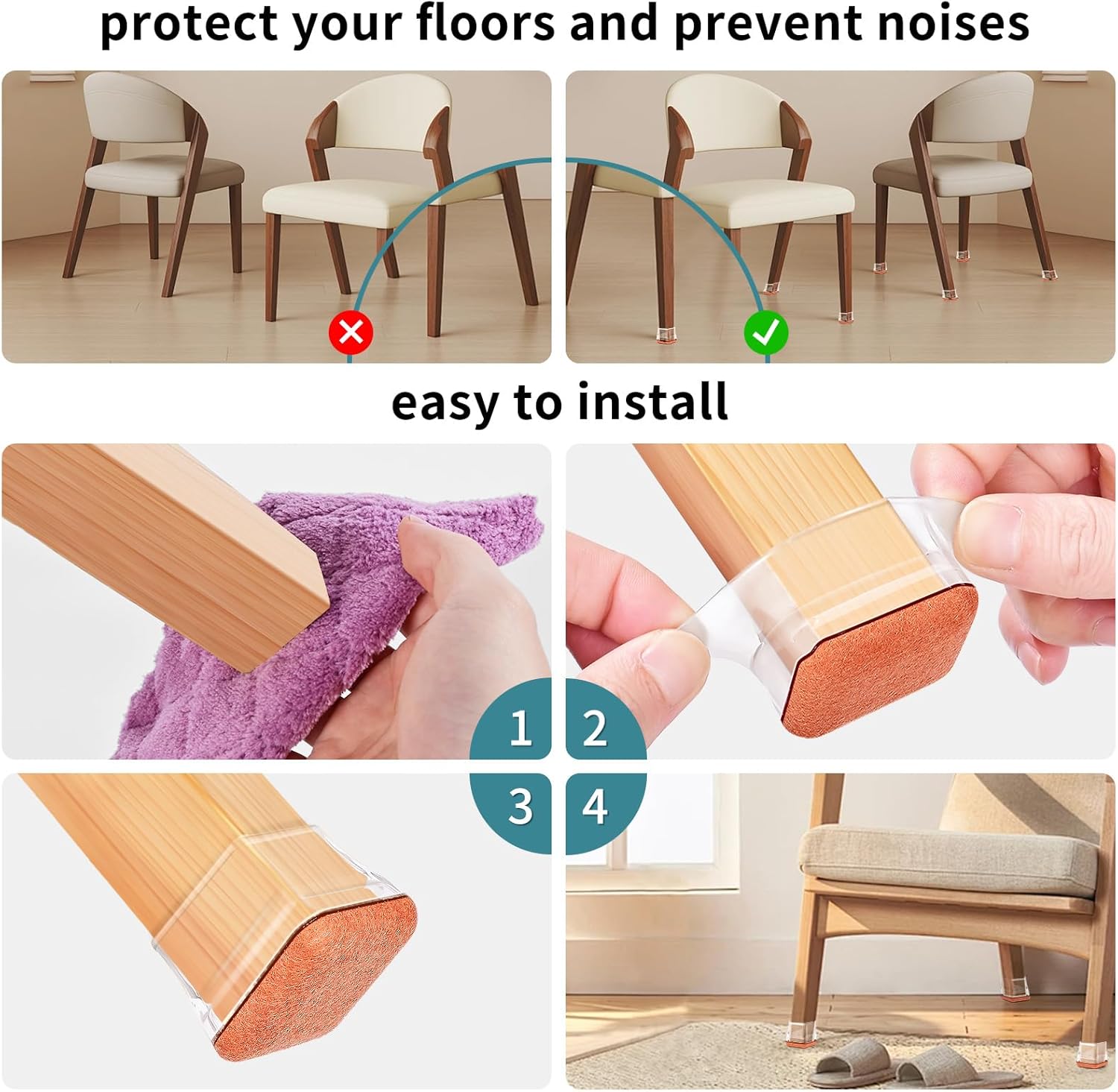 Square Chair Leg Floor Protectors, Silicone Chair Floor Protectors for Hardwood, No Scratches and Reduce Noise, Kitchen Table Chairs Feet Protectors Dining Room Chairs (16PCS, Middle)