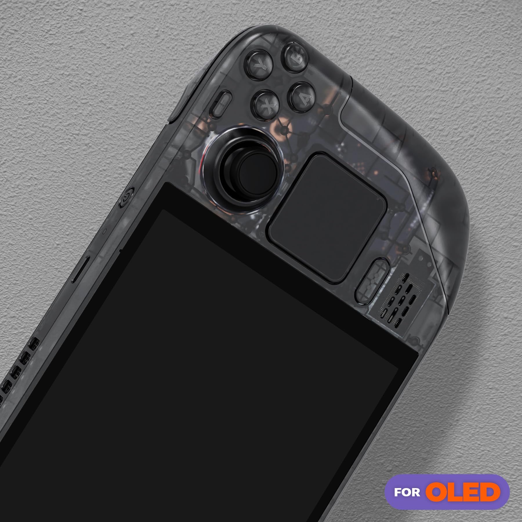 eXtremeRate Coque pour Steam Deck OLED Console avec Boutons,Coque Avant Plaque Arrière pour Steam Deck OLED et Boutons Remplacement-Noir Transparent(sans Console)