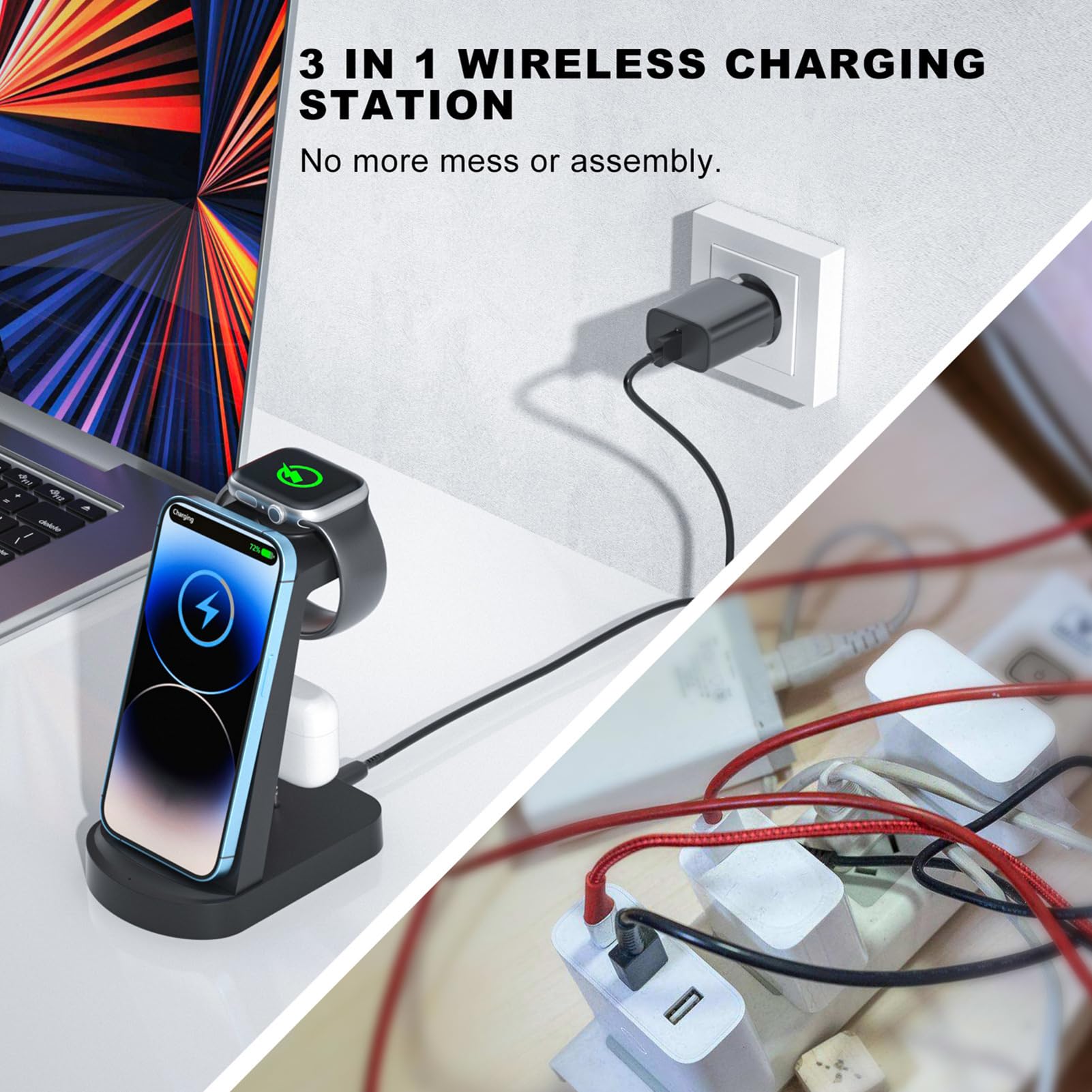 Caricatore Wireless,INNISTO 3 In 1 Caricabatterie Wireless Induttiva Compatibile Con iphone 14 13 12 11 Pro Max/Xs/Xr/X, iwatch Ultra 8 7 6 5 4 3 2 SE, Airpods Pro/3/2/1 Con 18W Adattatore