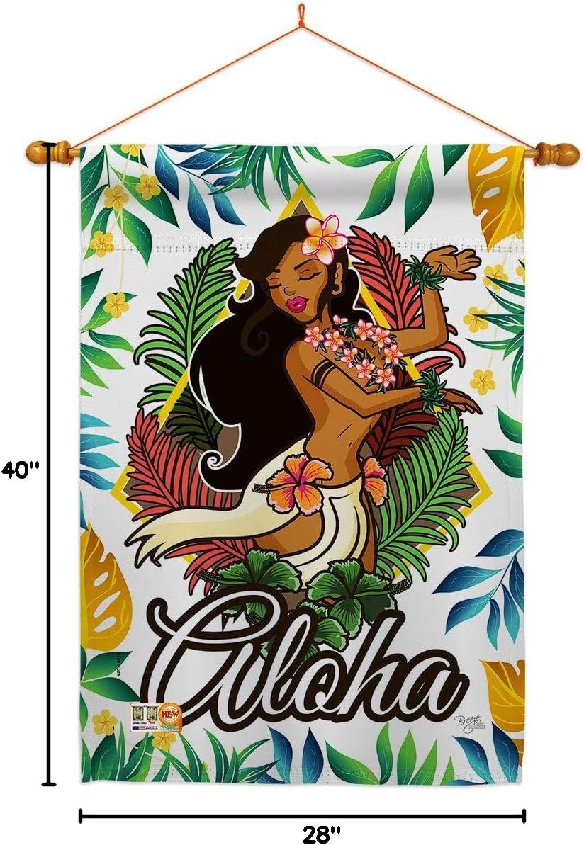 Hula Girl House Flag Dowel Set Summertime Fun and Sun Beach Pool Luau Tropical Party Season Outdoor Sunny Small Decorative Gift Yard Banner Made In USA 28 X 40