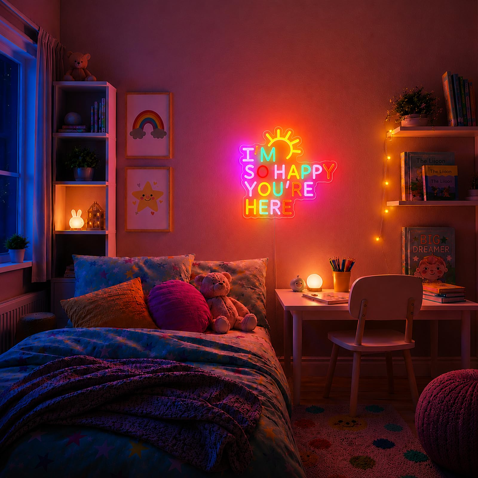 Cartello al neon con scritta "I'm So Happy You're Here", dimmerabile, lettera positiva, affermazione positiva, alimentata tramite USB, colorata, luce di benvenuto, per aule, matrimoni, feste, negozi