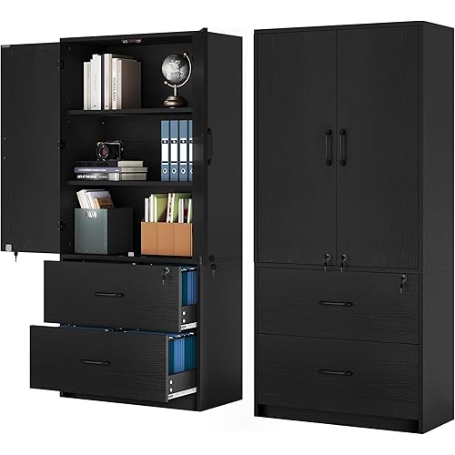 YITAHOME Wood File Cabinets, Heavy Duty Garage Tool Cabinets with Doors & Adjustable Shelves, Big Storage Filing Lockers for Home Office, Living Room, Pantry, Gym, Basement, Warehouse, Black