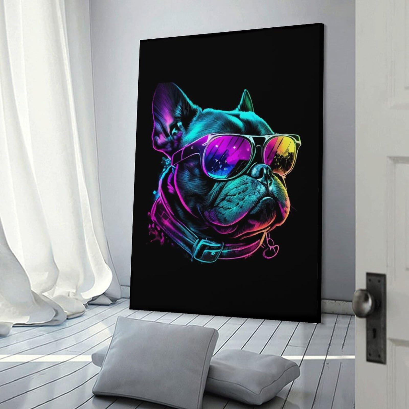 Junmoney Neon Bulldog Sunglasses Art Print Decorative Wall Artwork, 20x30inch(50x75cm), for Study, Office Or Focused Interiors, A Smart Decor Choice for Study Walls