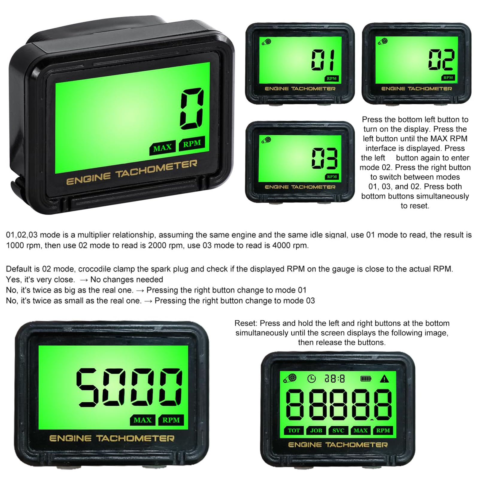 Tachymètre Numérique LCD 18 000 tr/min avec Compteur Horaire | Tachymètre avec Induction Sans Fil, Surveillance de Batterie, Étanchéité et Rappel D'entretien pour Moto, Tondeuse, etc