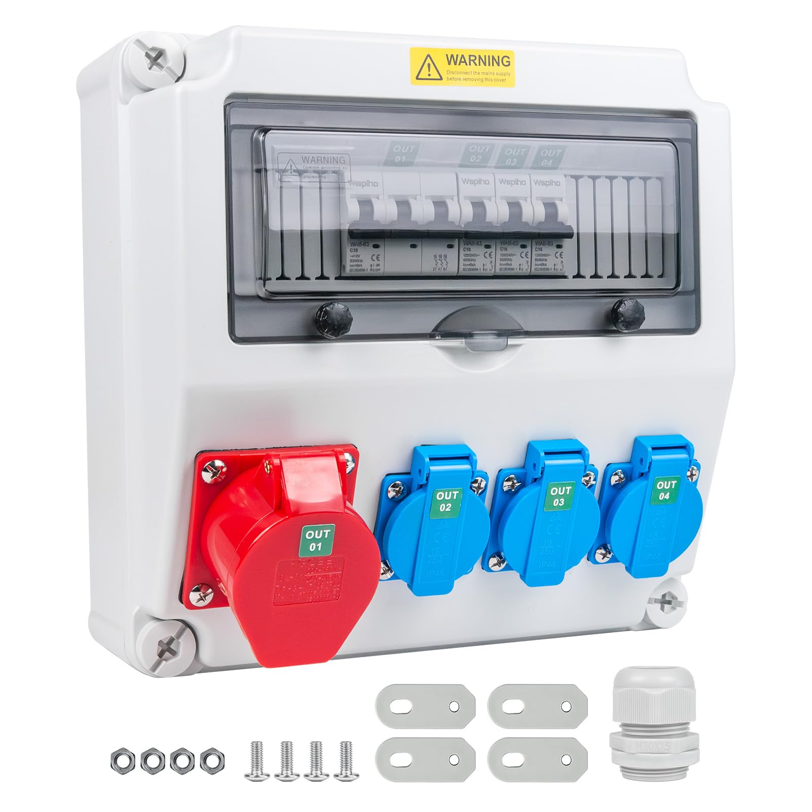 Construction Current Distributor 16 A with Circuit Breaker Wall Distributor with CEE Socket 16 A, High Current Socket for Outdoor Distribution Box (3 x 16 A 1P LS+1 x 16 A 3P LS)-image-2