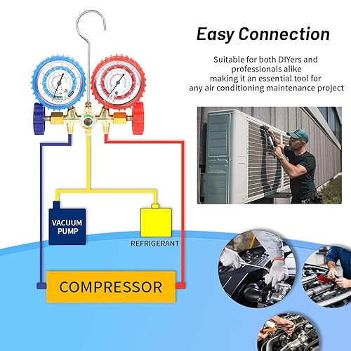 Miniatura 5 de PB Motor Tech - Juego de manómetros de diagnóstico de CA para refrigerantes R134A, R12, R22, R502, incluye mangueras de tres colores de 4 pies y 2