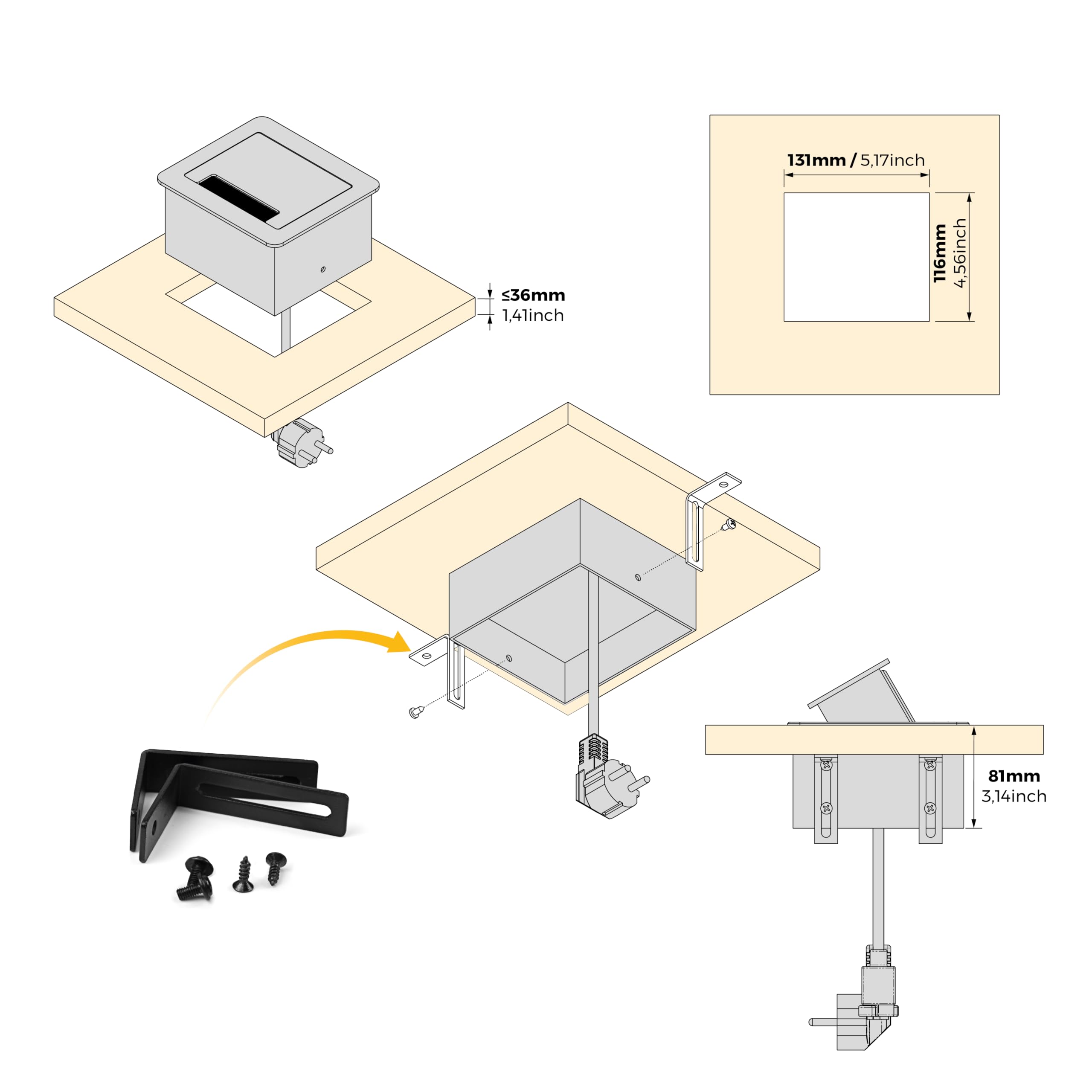 Emuca – ausziehbare und in den Tisch einlassbare Vielfachsteckerleiste, Mehrfachstecker (EU-Stecker Typ F, USB und HDMI), 145x130 mm, Schwarz