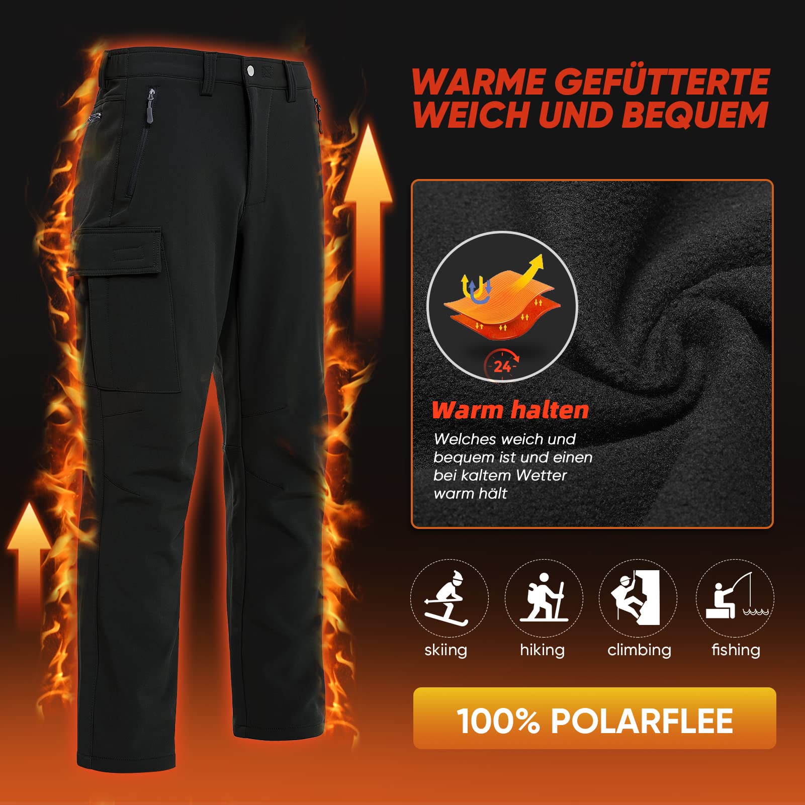Pantalon de randonnée en softshell stretch pour homme - Imperméable - Pantalon de ski - Doublure chaude M Noir