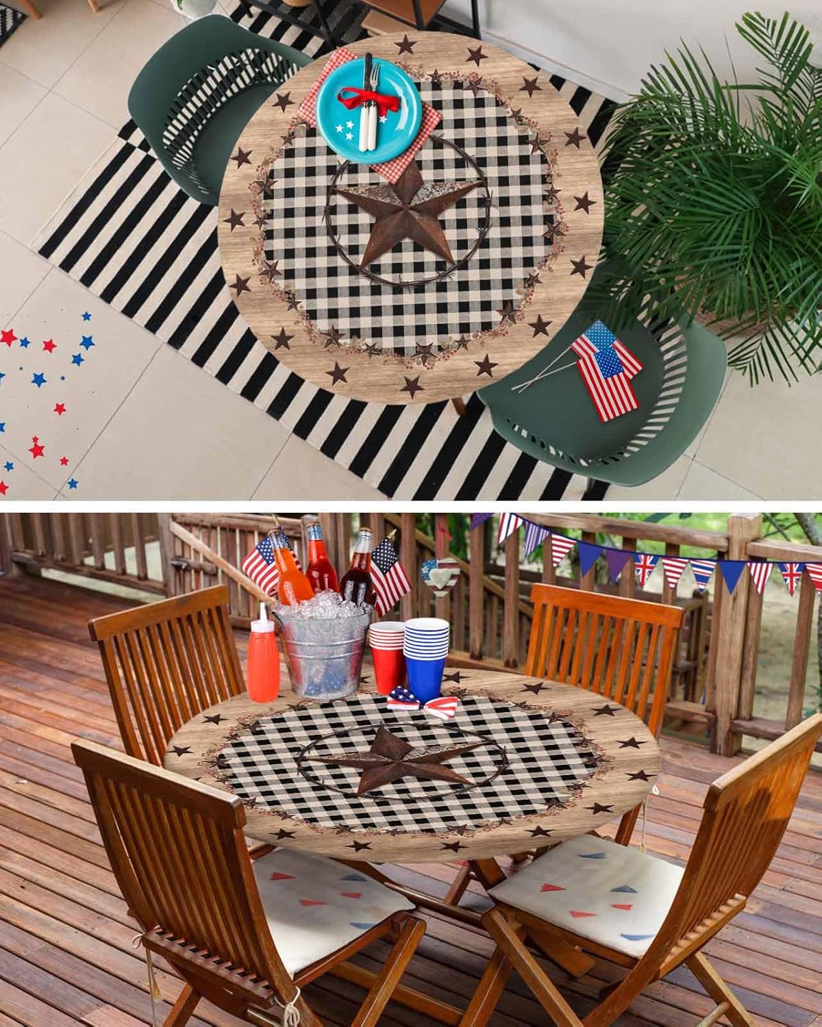 4th of July Round Fitted Tablecloth with Elastic American Barn Star Tablecloths Rustic Wood Grain Plaid Independence Day Table Cover for Kitchen Dinner Holiday Party Fits Tables up to 36"- 44"