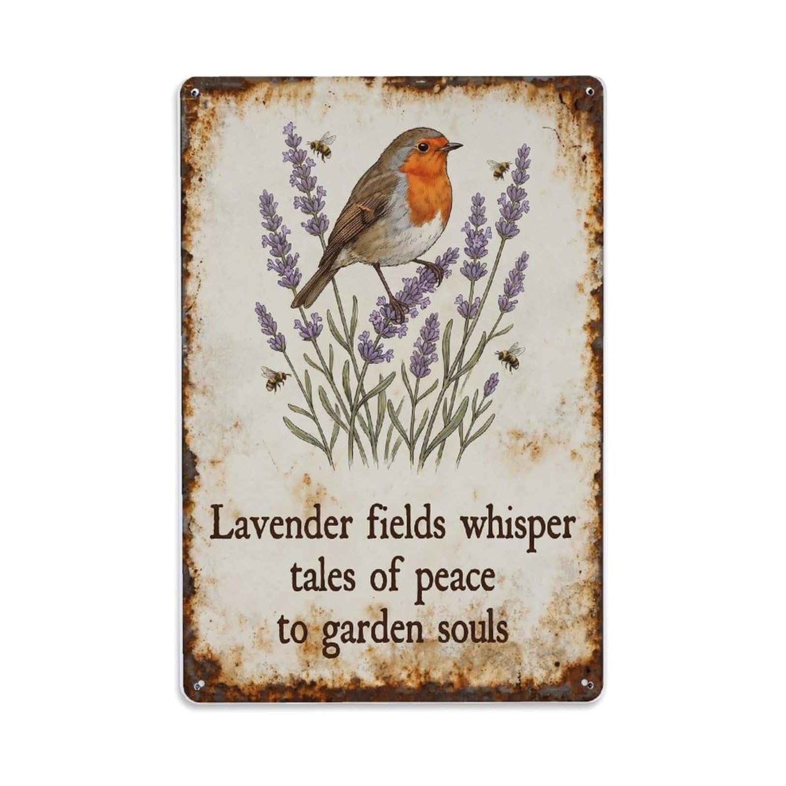 Fqnyr Style Robin Bird Garden Quote Lavender Field Metal Tin Sign Plaque Wall Decor For Cafe, Club Bar, Office, Home Garden Metal Poster 8X12inch