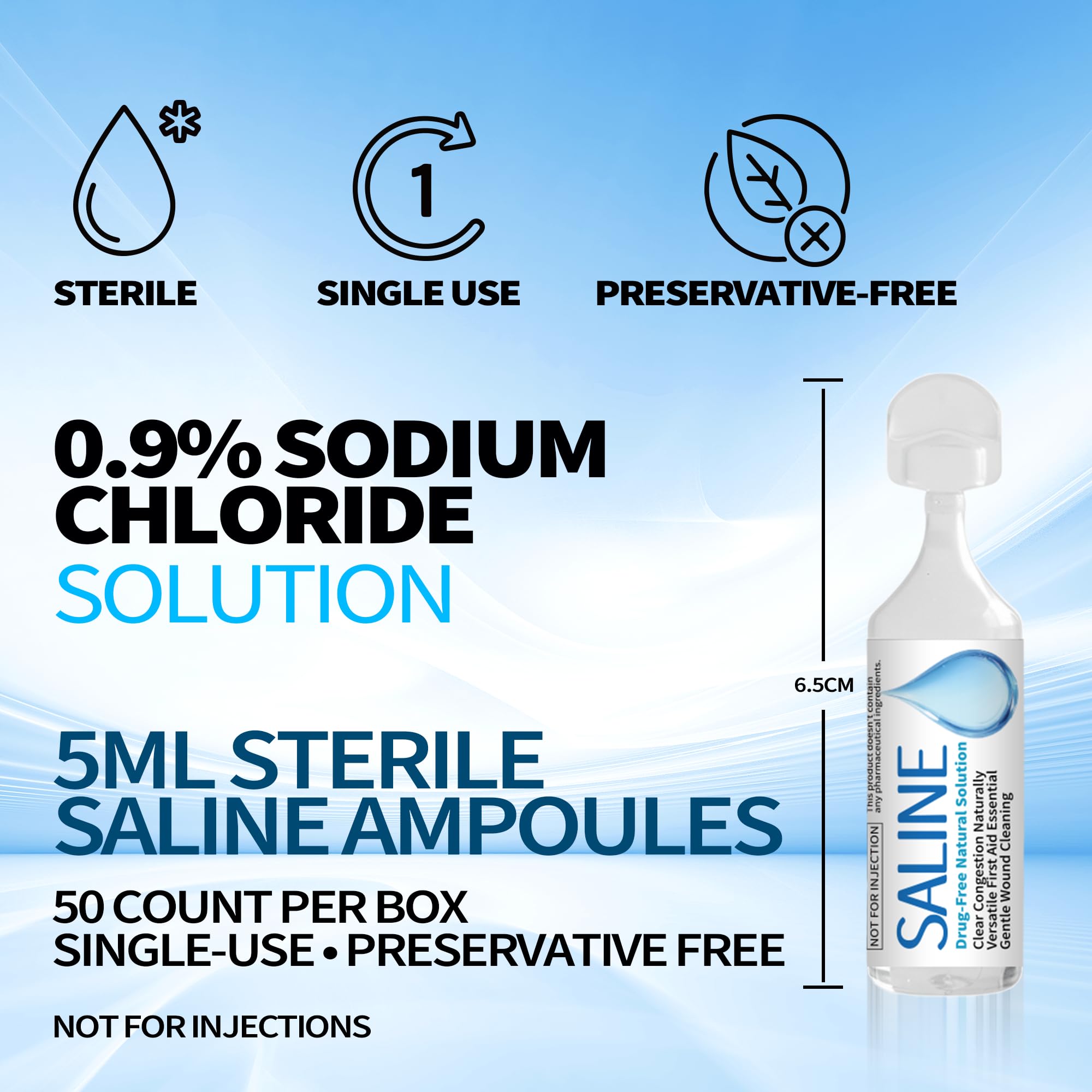 0.9% Sodium Chloride Saline Solution, Sterile Daily Nasal & Skin Cleansing for Babies, Kids & Adults, Single-Use Saline Vials for Nose Care & Minor Wound Cleaning, 50 Count 5ml — Amazon image 2