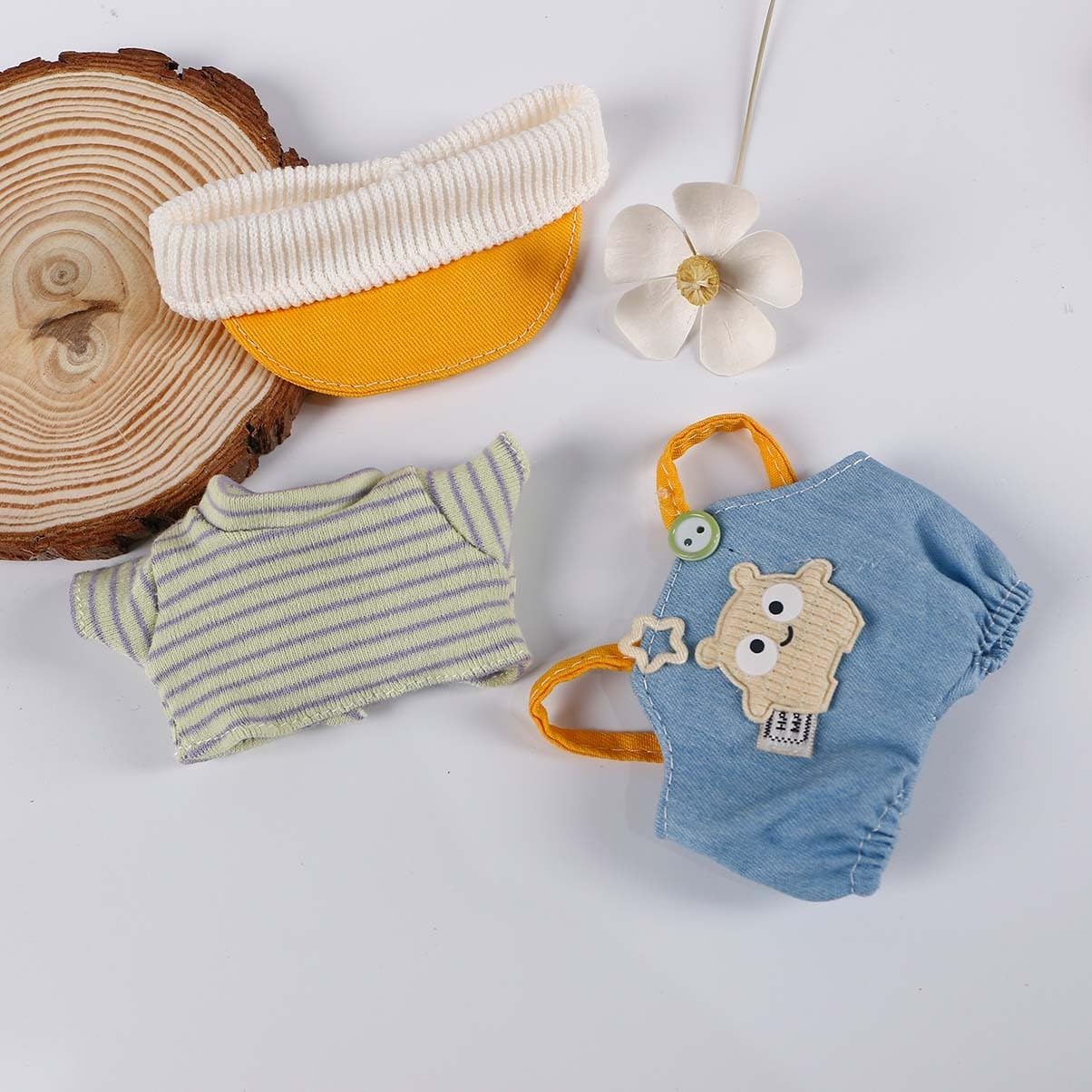 Compatible with Labubu 15cm/17cm (NO Doll) - Cream Knit Cap + Green Striped Top + Bear-Patch Denim Overalls Set, Doll Outfit Accessories