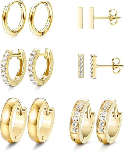 JOERICA Juego de 6 pares de aretes de aro para mujer, diseño minimalista de mini barra, oro y plata, circonita cúbica, juego de piercings pequeños