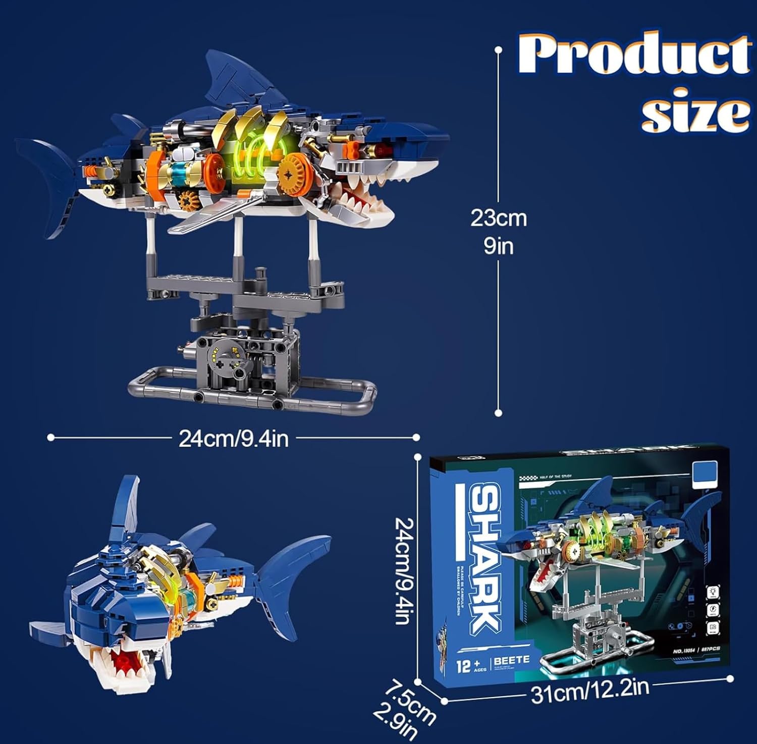 Mechanical Shark Fish Building Block Set,687 PCS Movable Ocean Animals Decor Collection Toy Compatible with Lego Sets for Boys 8-14,STEM Birthday Gift for Adults Women Girls Boys Age 8-12(with LED)