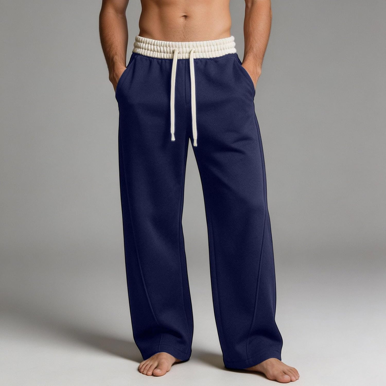 Contrast Waistband Wide Leg Sweatpants Men Open Bottom Drawstring | Two-Tone Waistband for Fashion-Forward Appeal, Open Straight Hem Drapes Cleanly, for Yoga, Dance, or Casual Street Style
