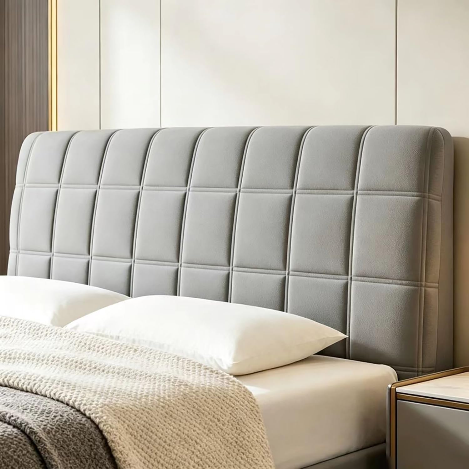 TLMQYXZE Headboard Slipcover，Bed Headboard Cover Protector Padded Velvet Dustproof Stretch Solid Color Quilted Bed Head Covers， For Twin Queen Full California King Size Beds(Light gray,120x70cm)