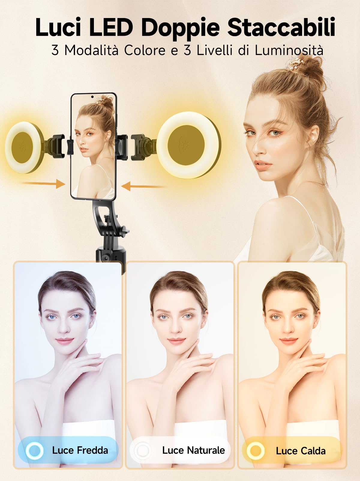 Treppiede con Tracciamento Automatico, Rollei Auto Tracking Tripod Selfie Stick 163 cm Rotante 360 per Smartphone con Luce e Telecomando per Tiktok Vlog, Treppiede-Smartphone-Bastone-Selfie-Stick