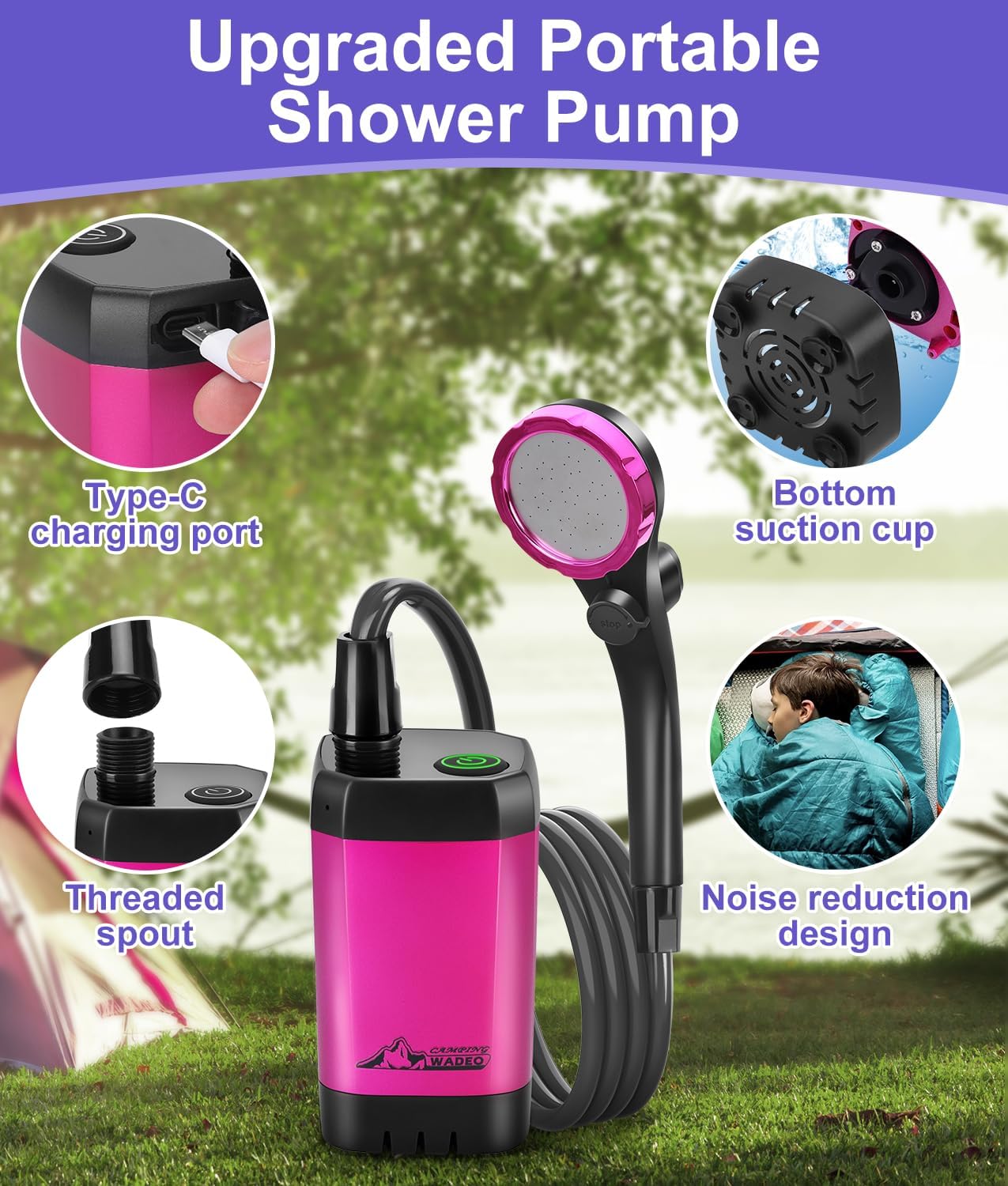 WADEO Portable Shower for Camping, 6000mAh Outdoor Electric Shower Rechargeable Pump with Intelligent Digital Display, Camping Shower Head Nozzle for Camping, Hiking, Traveling, Washing