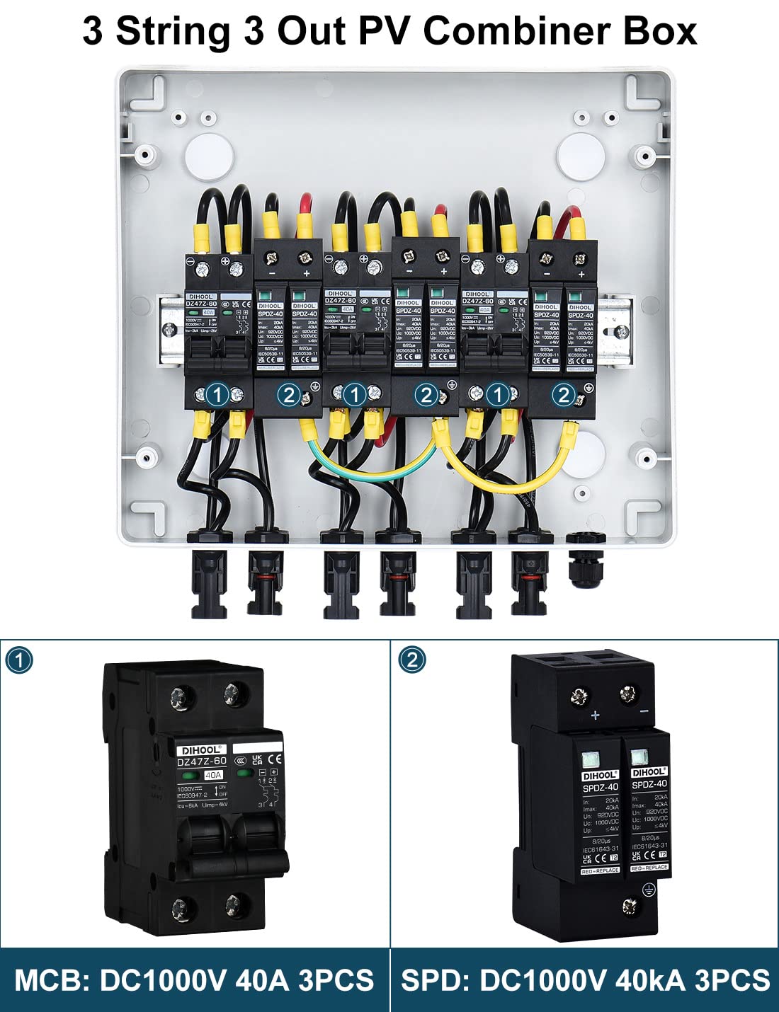 DIHOOL DC überspannungsschutz PV Anlage 3 Strings Solar Anschlusskasten für 3 * 500W Solarmodule Balkonkraftwerk, 40A DC Trennschalter