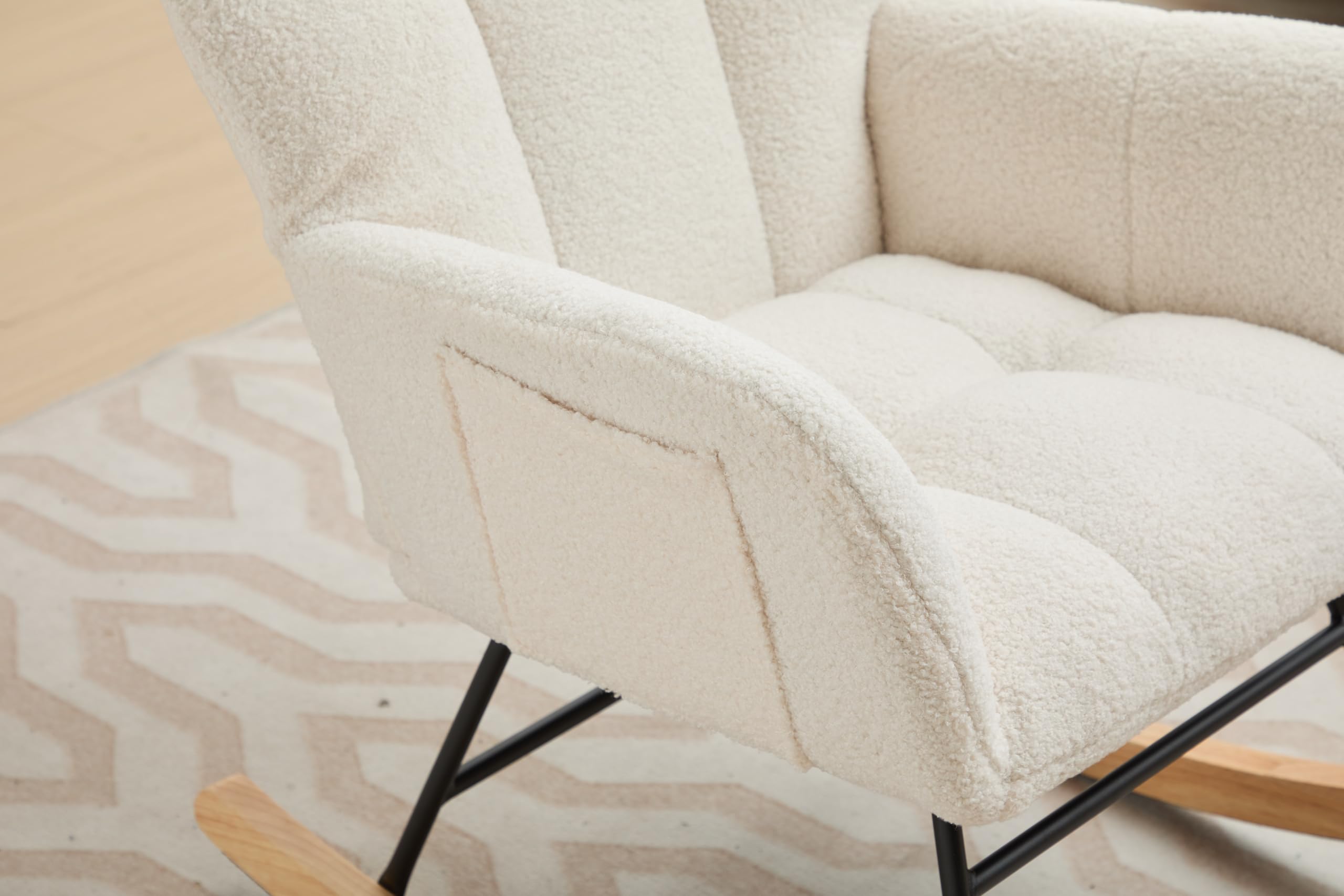 SHARK SHIP Elegant Upholstered Nursery Rocking Chair Glider with High Backrest, Solid Wood Legs, Bedroom and Living Room, White