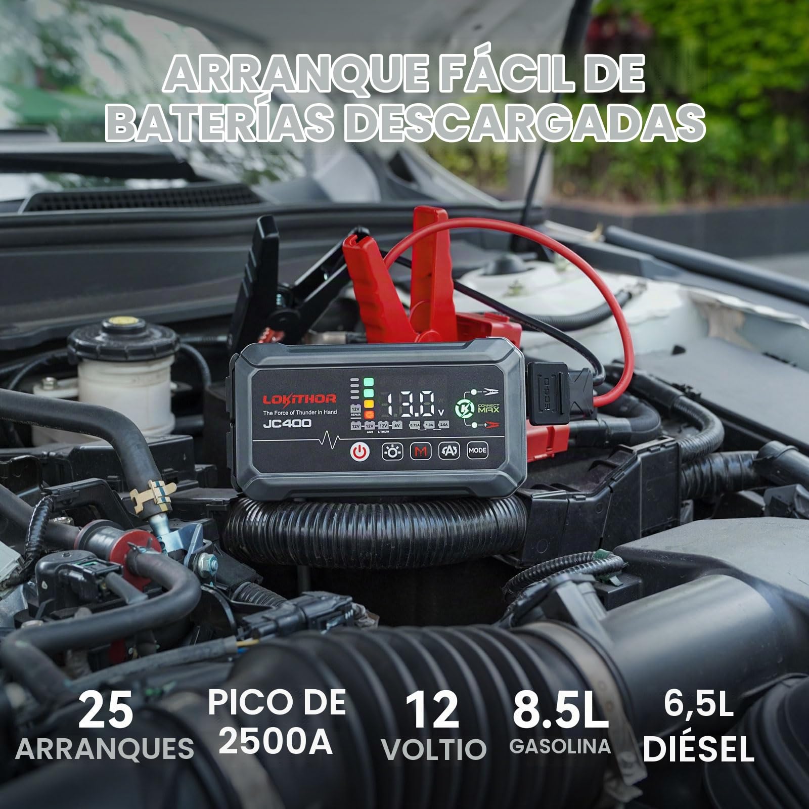 LOKITHOR JC400 Cargador de Baterias 6V/12V Coche y Moto, Arrancador de Baterías de Coches y Moto Portatil, Mantenedor Inteligente y Desulfatador, Booster Jump Starter Portátil para Autos y Vehículos