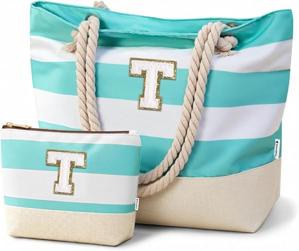 Vavabox Sac fourre-tout de plage initiale pour femme, résistant à l'eau, sac de plage pliable, cadeau d'anniversaire pour femme, maman, Bleu, T