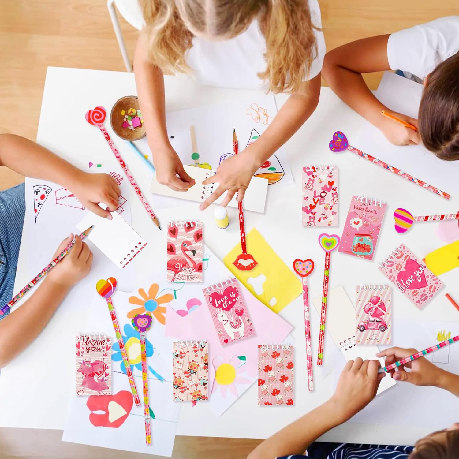 24Pcs Valentines Day Gift Sets include 12Pcs Valentine's Day Mini Notepads and 12Pcs Valentines Pencils with Eraser for Kids School Classroom Gifts Exchange Valentine Party Favors