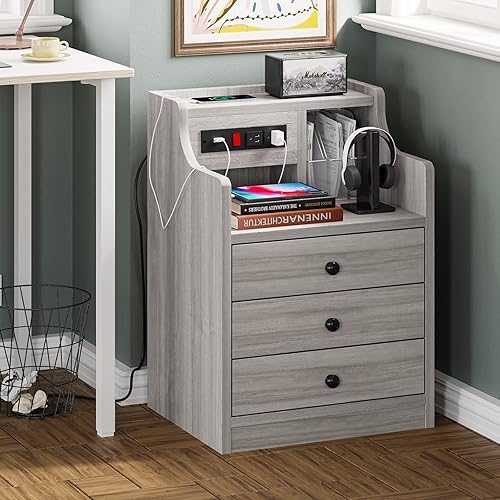 Miniatura 6 de ADORNEVE Mesita de noche con estación de carga,Mesita de noche negra para dormitorio,Mesa auxiliar con gabinete y cajones de almacenamiento