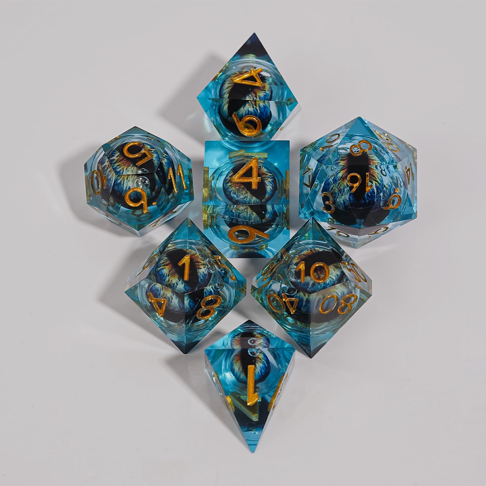 HKDZ Liquid Dragon Eye Dice Set 7 Piece with Bag and Box,Resin Polyhedral Dice for Dungeons and Dragons Tabletop RPG,Cool Dragon Design D20 D12 D10 D8 D6 D4(Blue Gold)