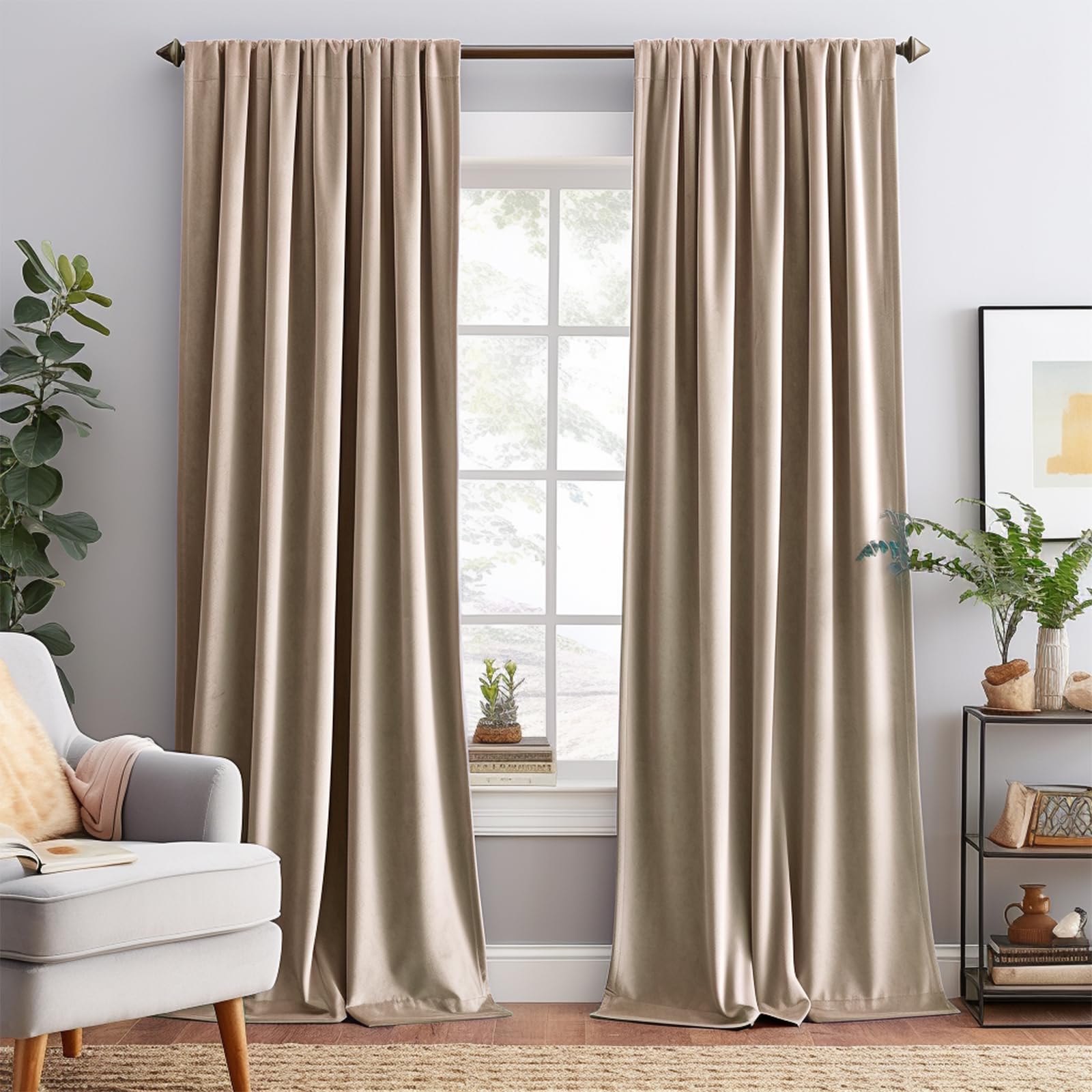 Lazzzy Velvet Curtain Beige Thermal Insulated Curtains 96 Inch Long Drapes for Bedroom Living Room Darkening Window Treatments Rod Pocket, Set of 2, Latte