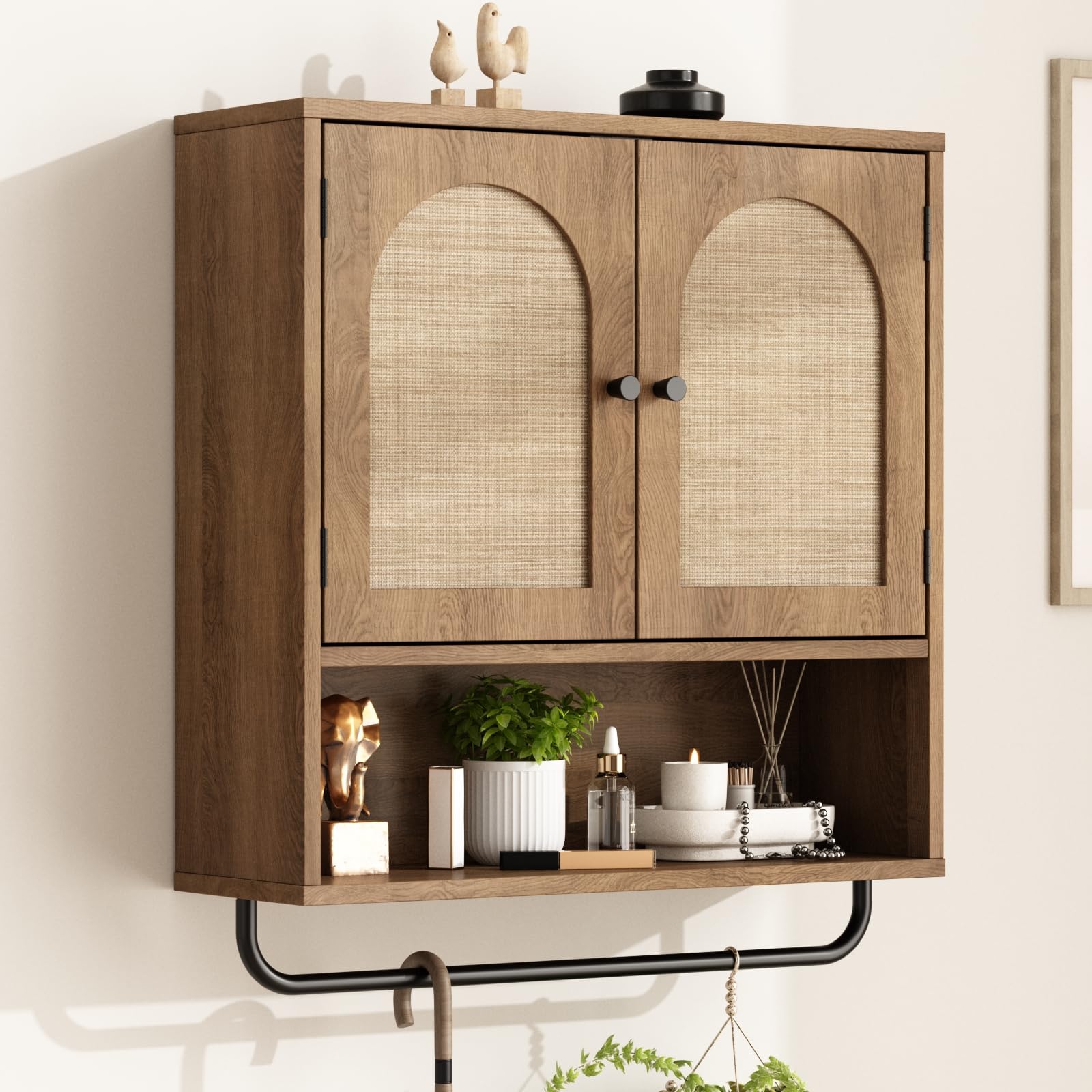 RUSTOWN Rattan Bathroom Wall Cabinet, Boho Medicine Cabinet with 2 Arched Doors, Farmhouse Over The Toilet Storage Cabinets with Adjustable Shelves & Towel Bar, 3-Tier Wall Mounted Cabinets