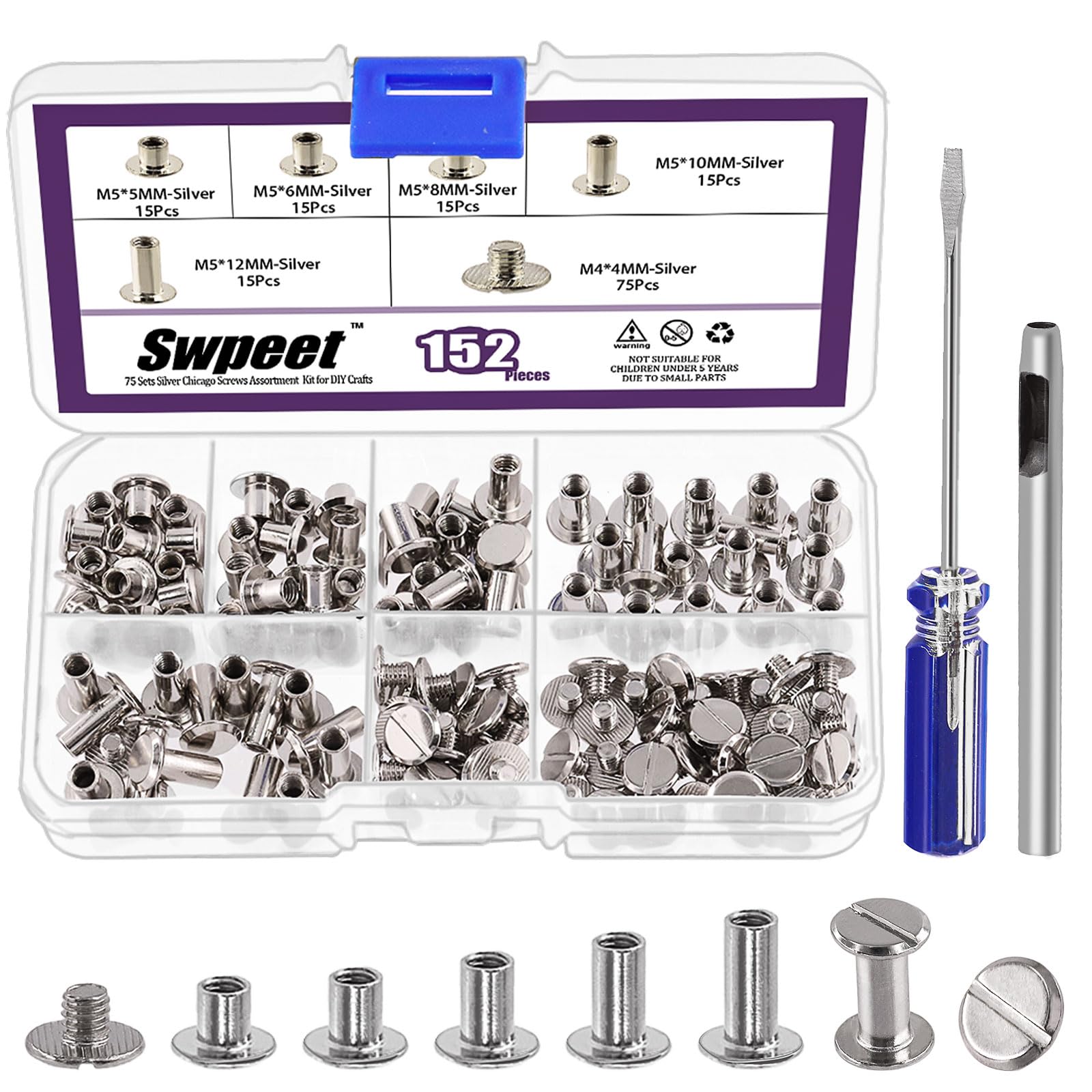 Swpeet 152 piezas M5x5 mm, 6 mm, 8 mm, 10 mm, 12 mm de remaches de cuero de tornillo plateado, con punzón y destornillador, perno de doble cabeza redonda y plana para proceso de cuero DIY