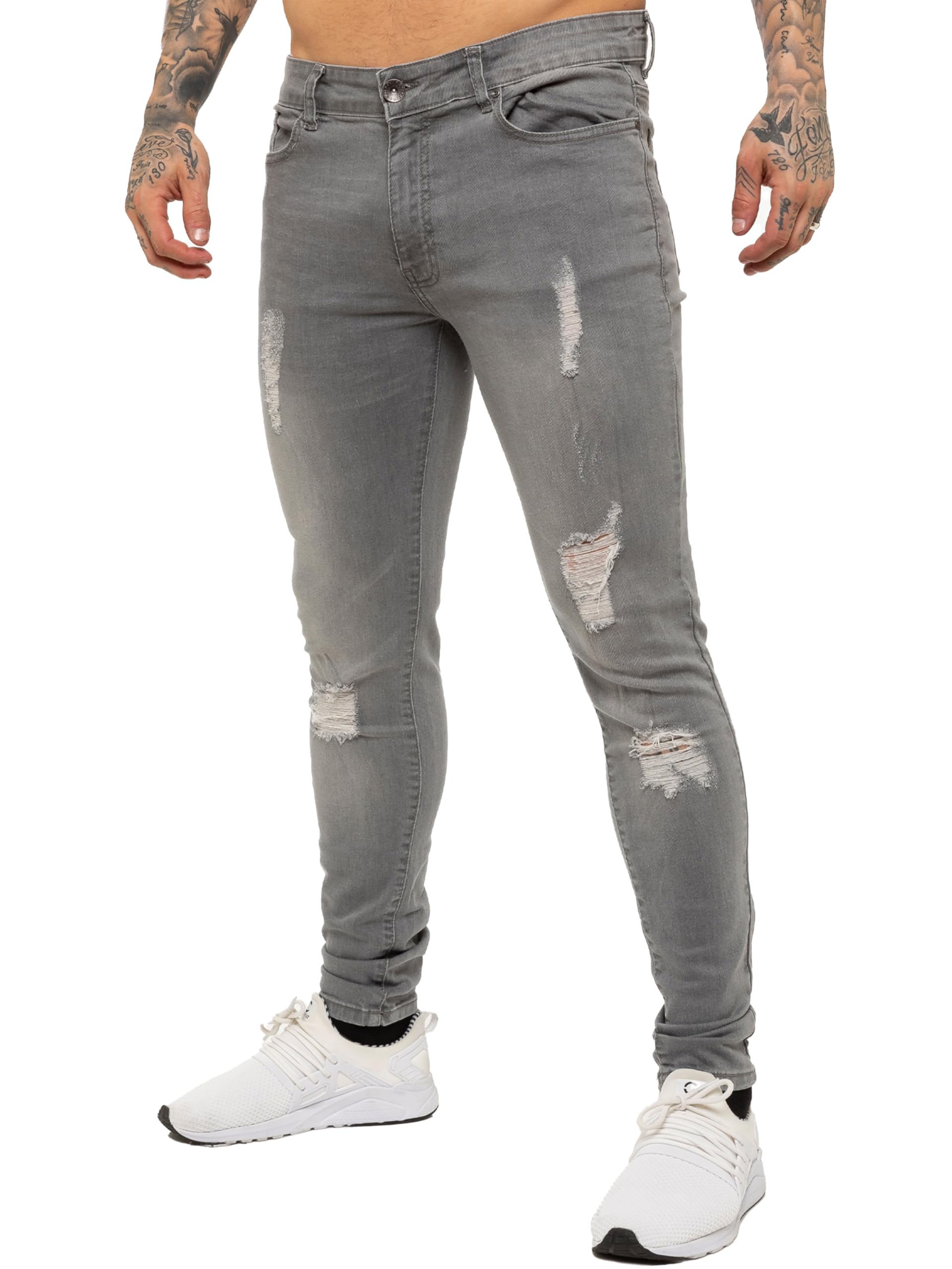 989Zé ENZO Mens Skinny Ripped Jeans Casual Stretch Distressed Denim Pants, Grey, 32W x 32L