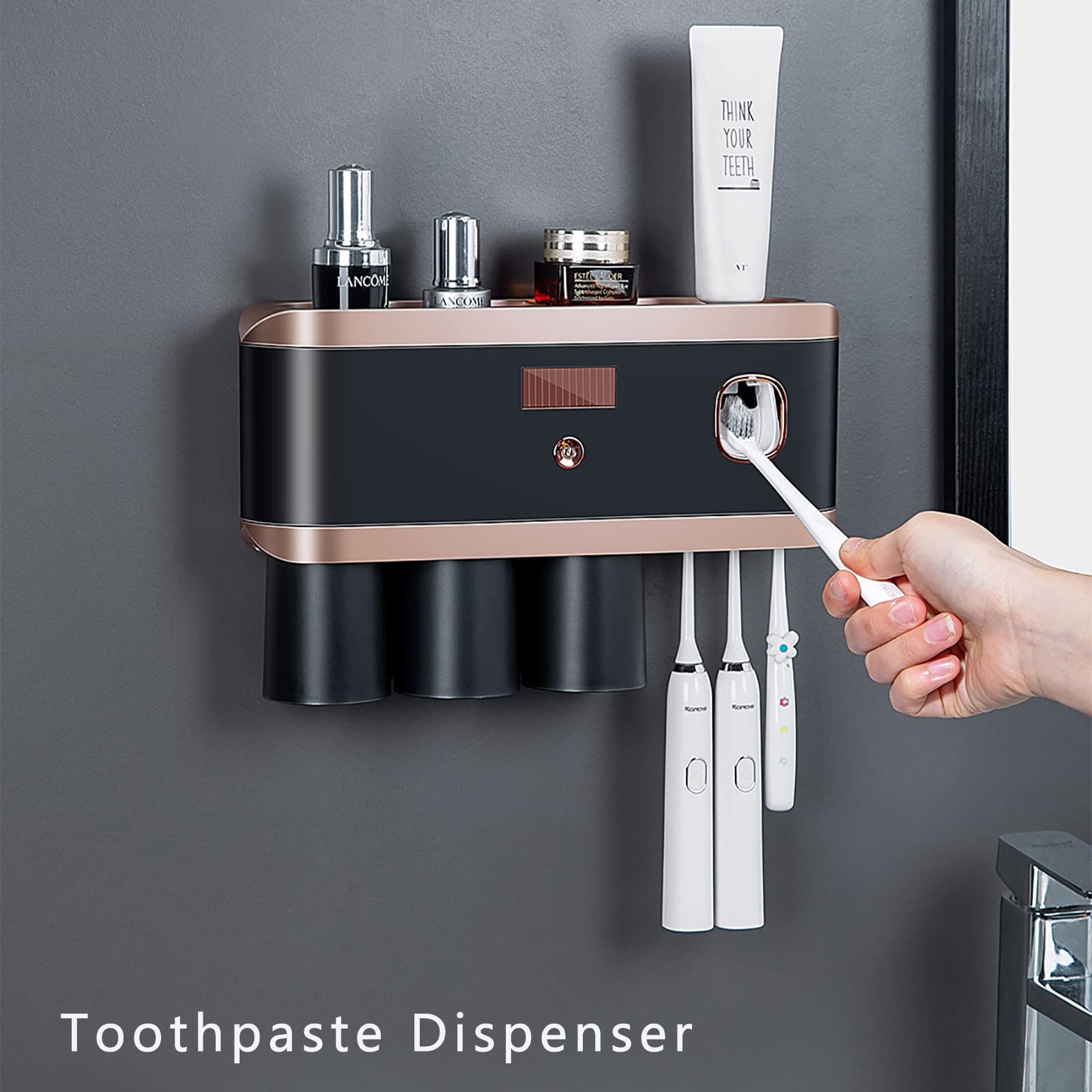 Porta Cepillo de Dientes, Soporte Cepillo de Dientes con Función Esterilizador, LED Dispensador Pasta Dientes, Organizador Baño Solar Recargable Negro