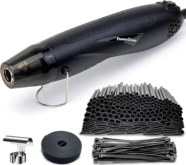 Heat Shrink Tubing Kit-350W Mini Heat Gun+4:1 Ratio Adhesive Lined,Marine Grade Shrink Tubes 195 PCS+Reflector Nozzle+Self Adhesive & Fastening Cable Ties - Wrapping Shrink Tube,Wire,Cable