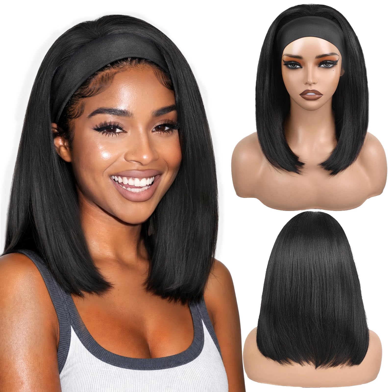 WIGNEE Straight Headband Bob Wig Synthetic Glueless for Black Women 1B 14In