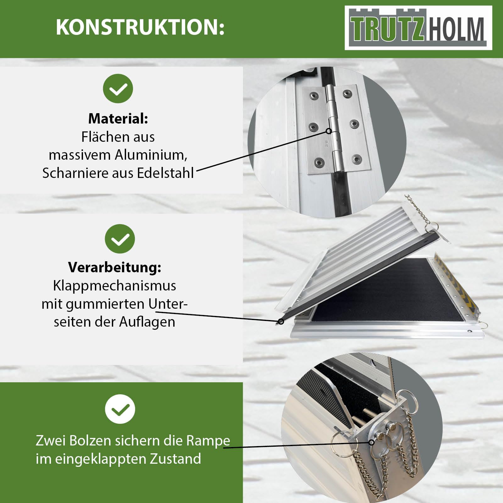 TRUTZHOLM Rollstuhlrampe 1-Fach klappbar 213 cm Traglast 272 kg Alu grau schwarz beschichtet Auffahrrampe
