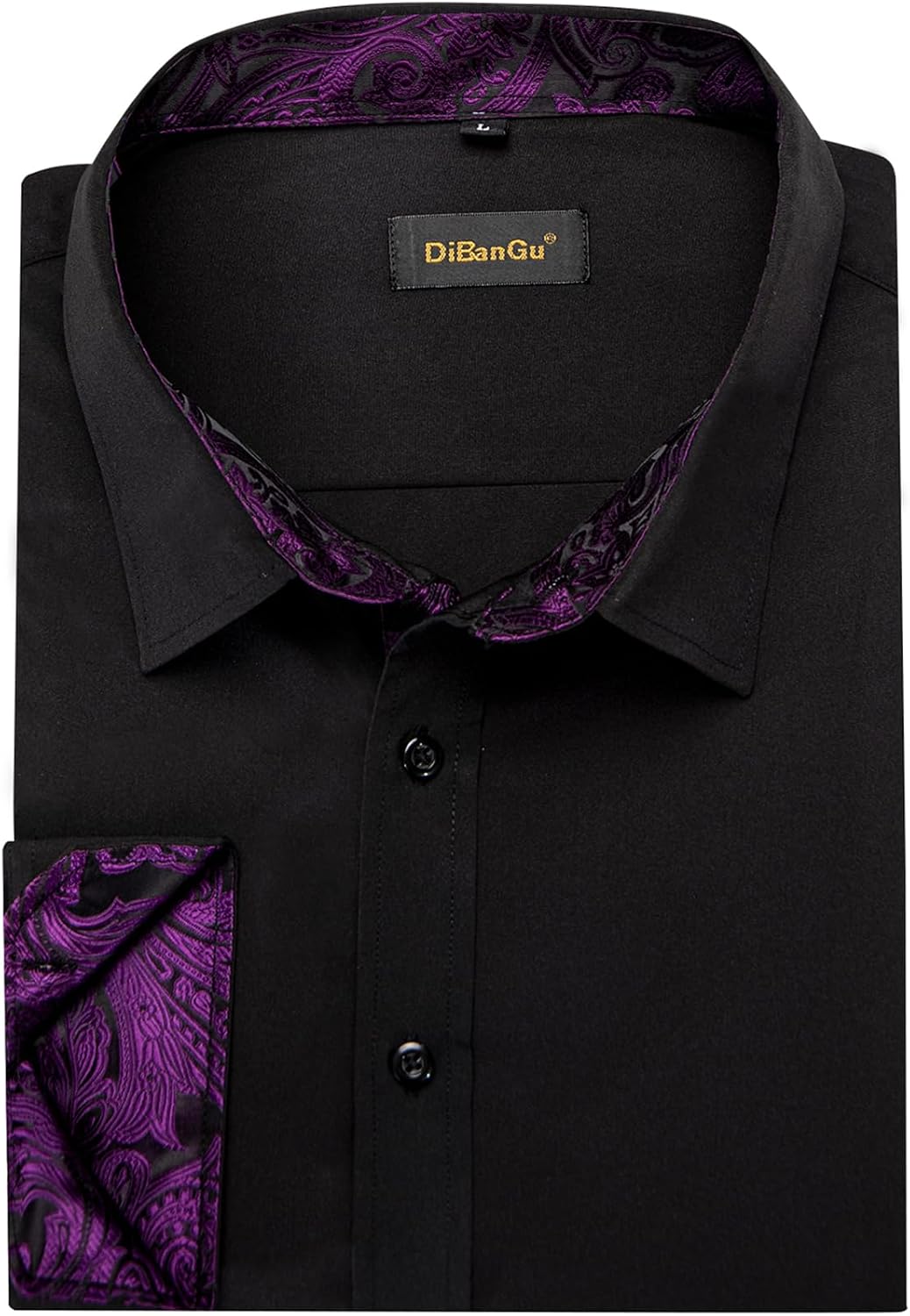 DiBanGu Mens Stretch Dress Shirt Long Sleeve Shirt for Men | Regular Fit, Inner Contrast, Paisley Pattern, Solid Color, Button Down, Wrinkle-free Cotton Fabric, For Causal Business Party