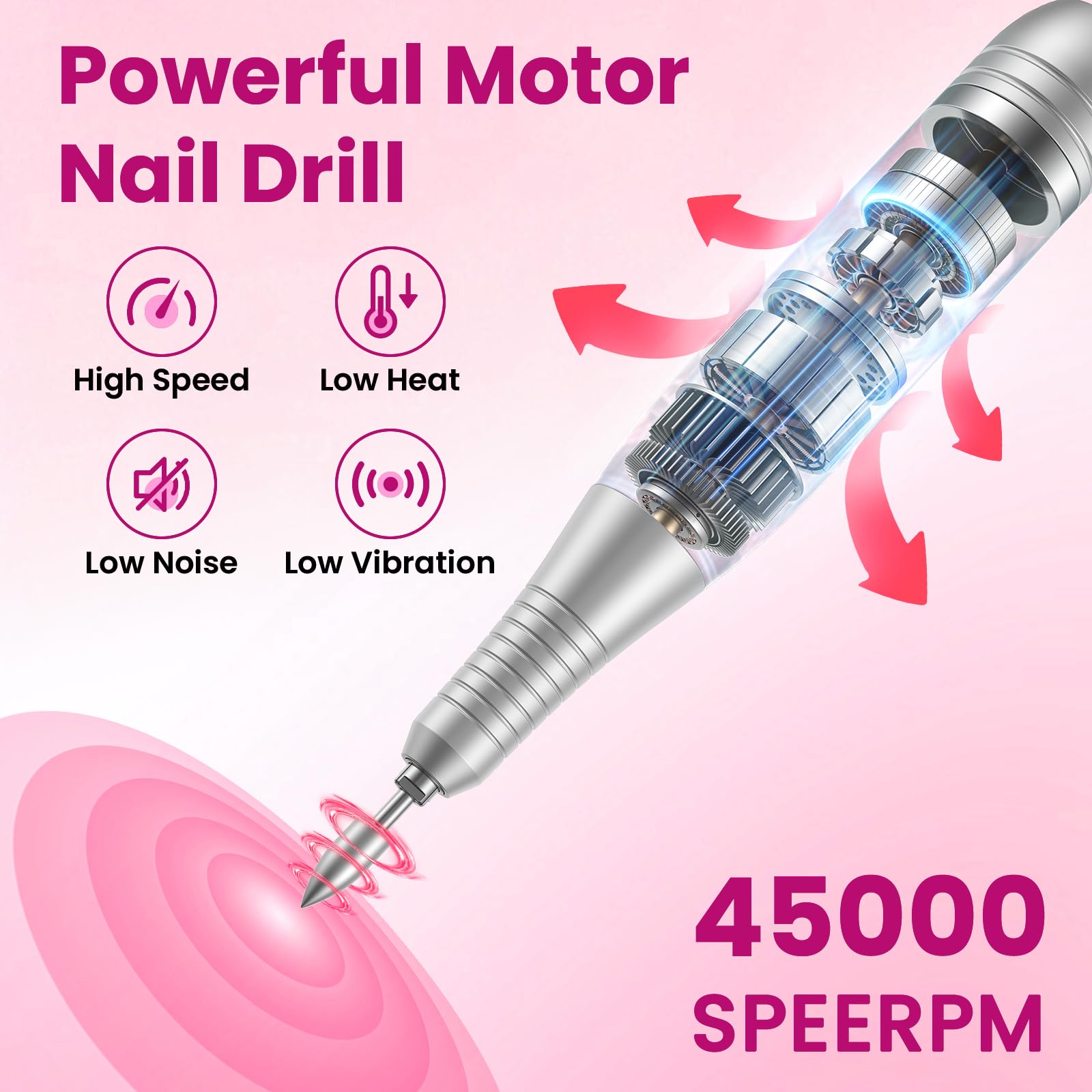 PKBD 45000RPM Professional Portable Nail Drill Machine for Gel Nails, Rechargeable Electric Nail Files Set with 11 bits and LCD Display, Pink