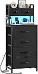 REAHOME 41 Table de chevet de Inch Tall avec station de recharge, LED Stand de nuit avec 6 Tiroirs en tissu, Table de chevet avec 3-Tier Étagères de rangement en bois pour chambre, bureau, petits espaces, grain de bois noir