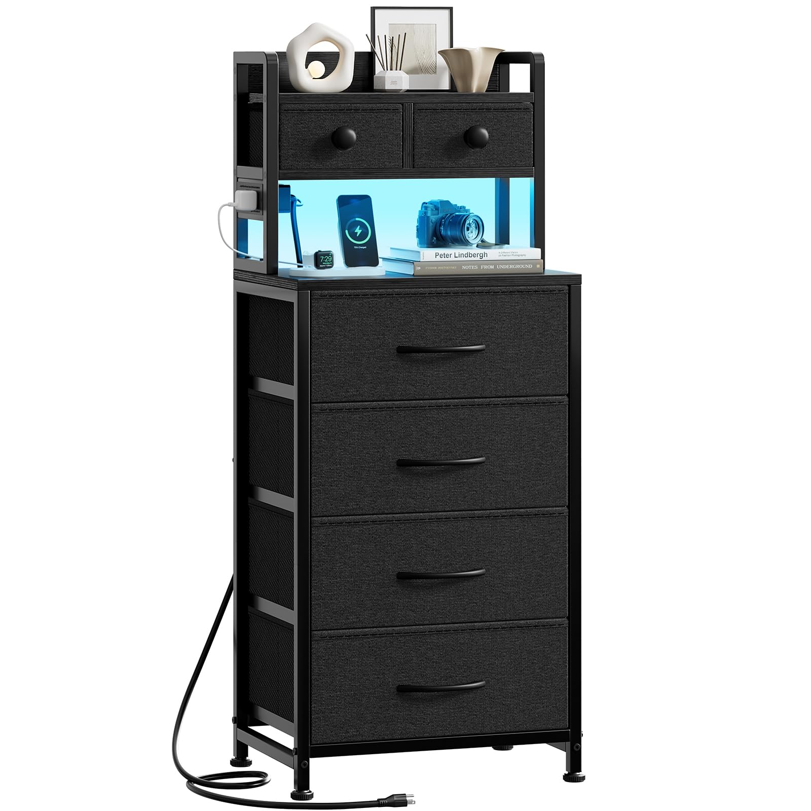 Photo 1 of ***SEE NOTES***REAHOME 41 Inch Tall Nightstand with Charging Station, LED Night Stand with 6 Fabric Drawers, Bed Side Table with 3-Tier Wood Storage Shelves for Bedroom, Office, Small Spaces, Dark Gray