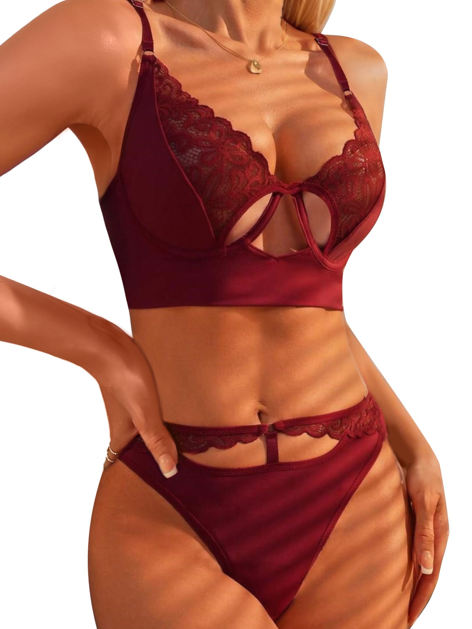 popiv Women Sexy Lingerie Lace Patchwork Matching Bra and Panty Lingerie Sets