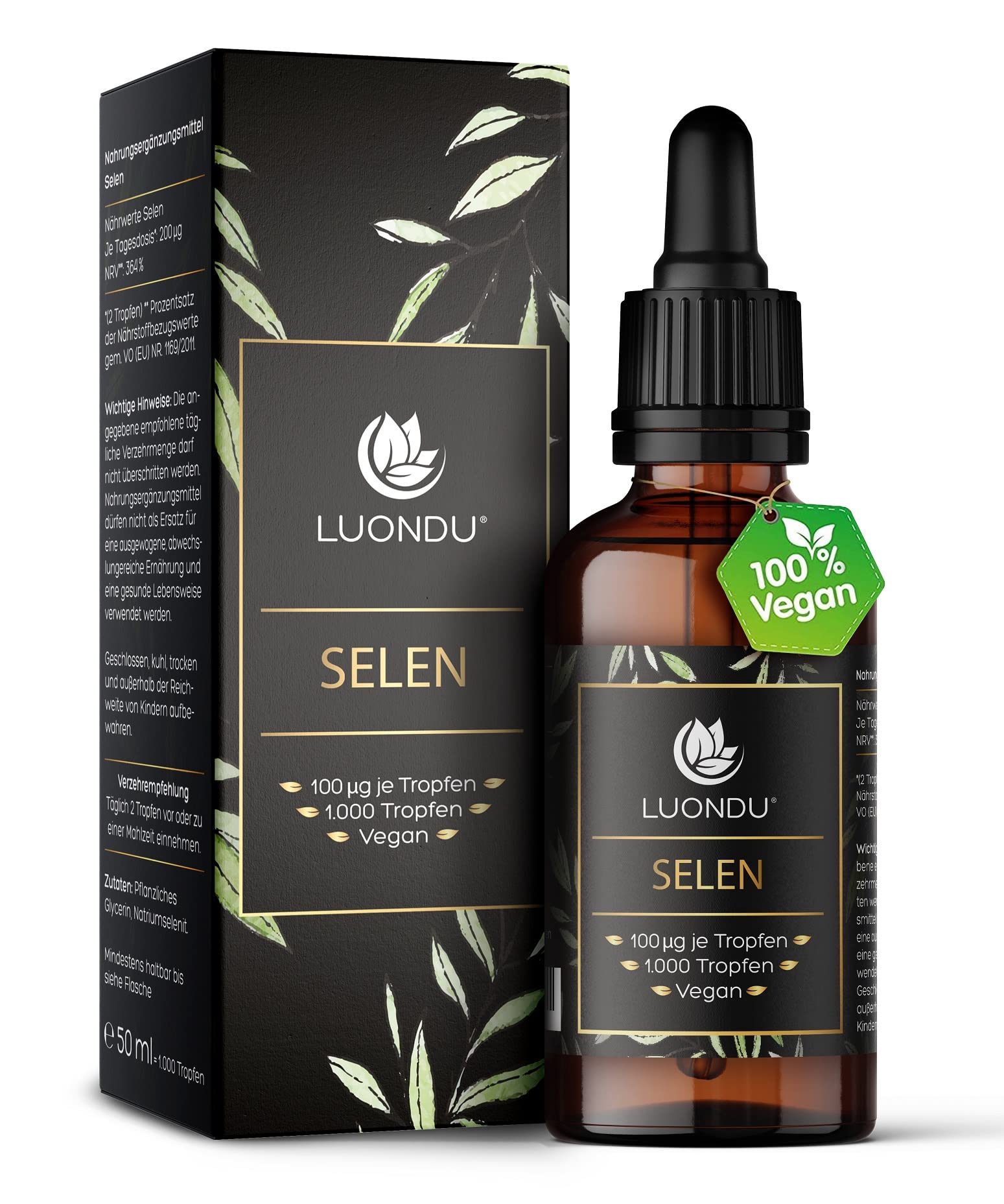Luondu Selen Tropfen 200µg hochdosiert 50ml vegan & flüssig - 100 µg Selen pro Tropfen I Natriumselenit - Verpackung kann variieren