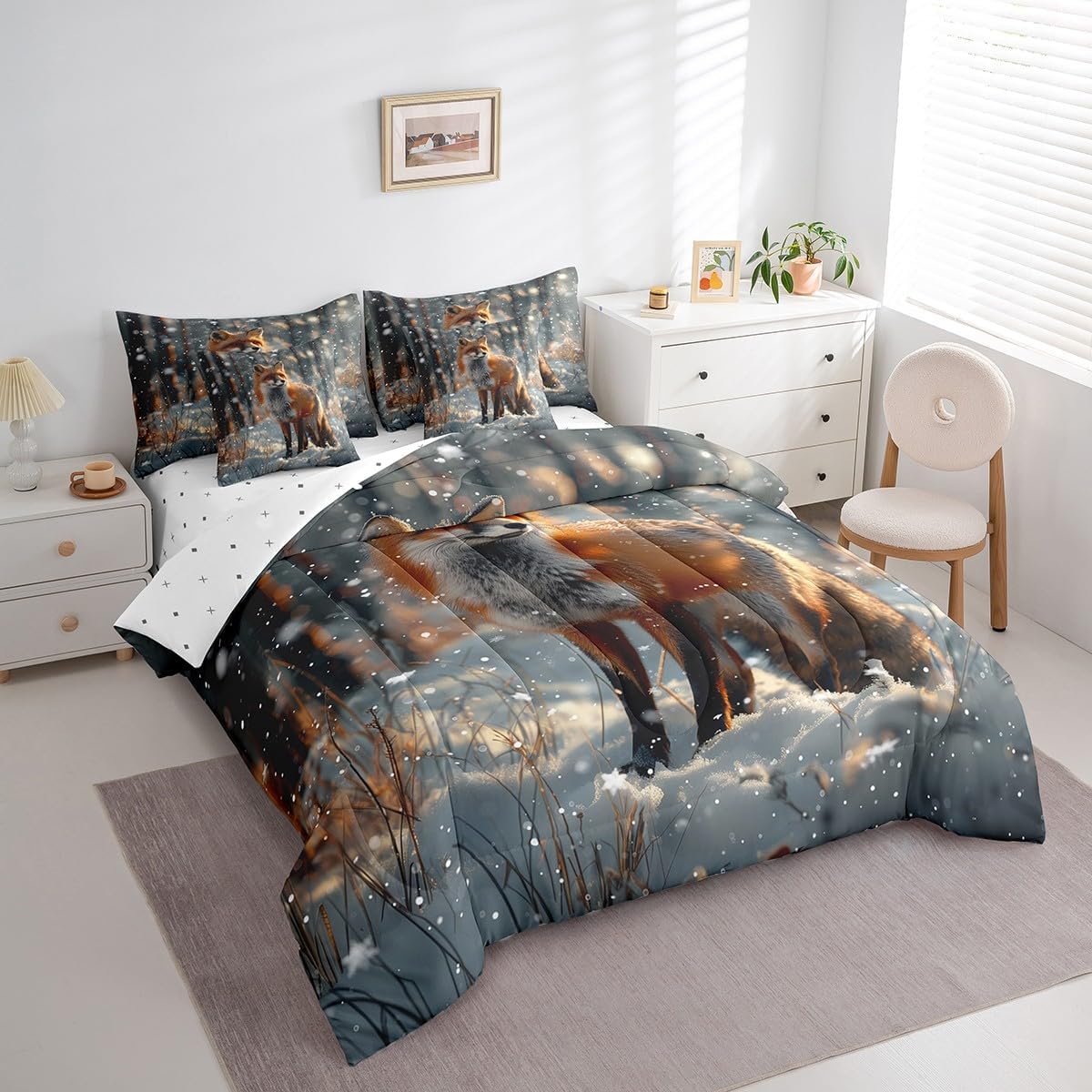 Queen Size 7 Piece Bedding Sets Fox Snowflake Comforter Set Winter Theme Animal Bed Sheet Nature Reversible Printed Quilt Set + Flat Sheet + Fitted Sheet + 2 Pillowcase + 2 Throw Pillow Covers