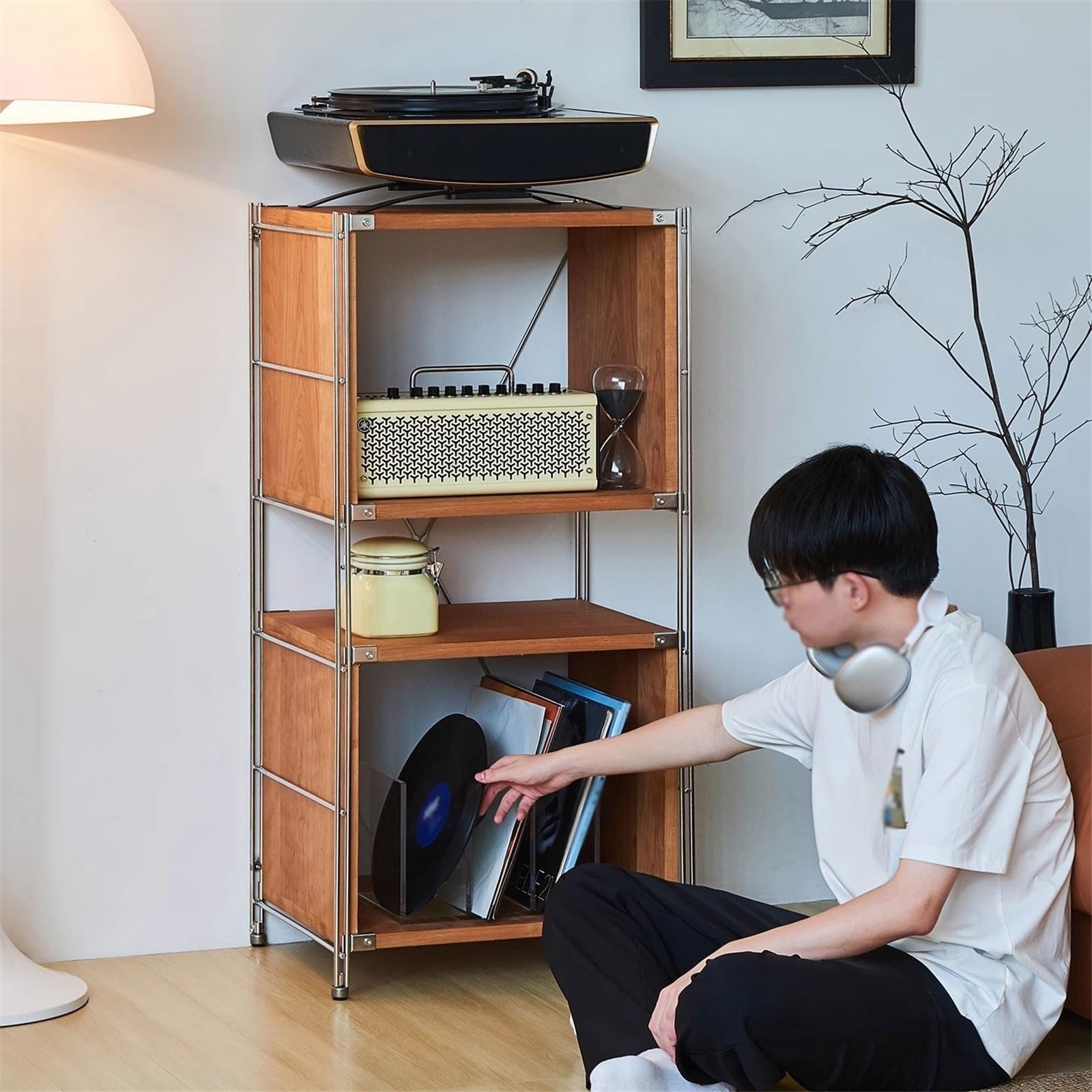 Stojak na płyty CD Wielofunkcyjny drewniany stojak na płyty winylowe ze stalowym uchwytem, ​​stolik kawowy do salonu
